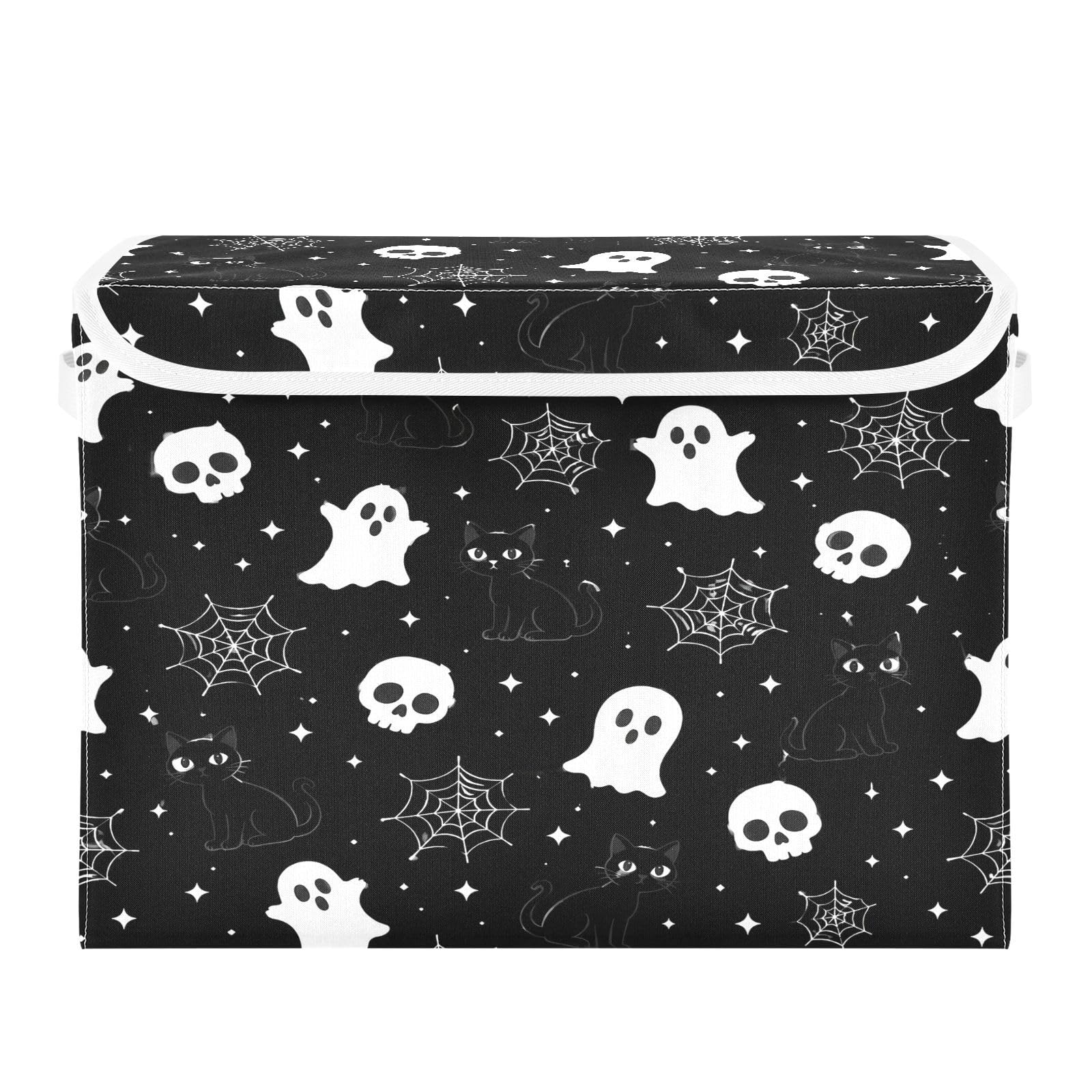 Ewusp Halloween Boo Fabric Storage Bin with Lid, Decorative Foldable Storage Basket with Handles, Stackable Closet Shelf Organiser Box for Clothes, Books, Bedroom, Living Room