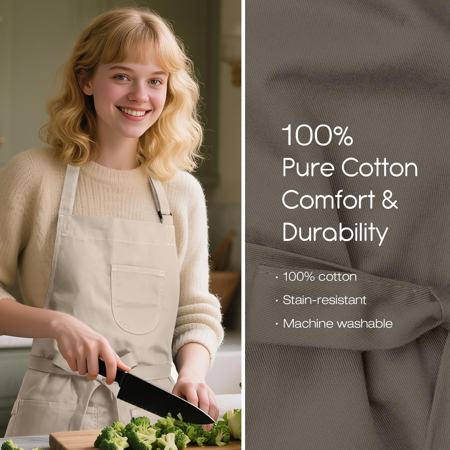 Unisex Apron with Pockets for Cooking, Salon & Art - 100% Cotton Adult Kitchen, Chef, Stylist Apron (Beige) - Image 5