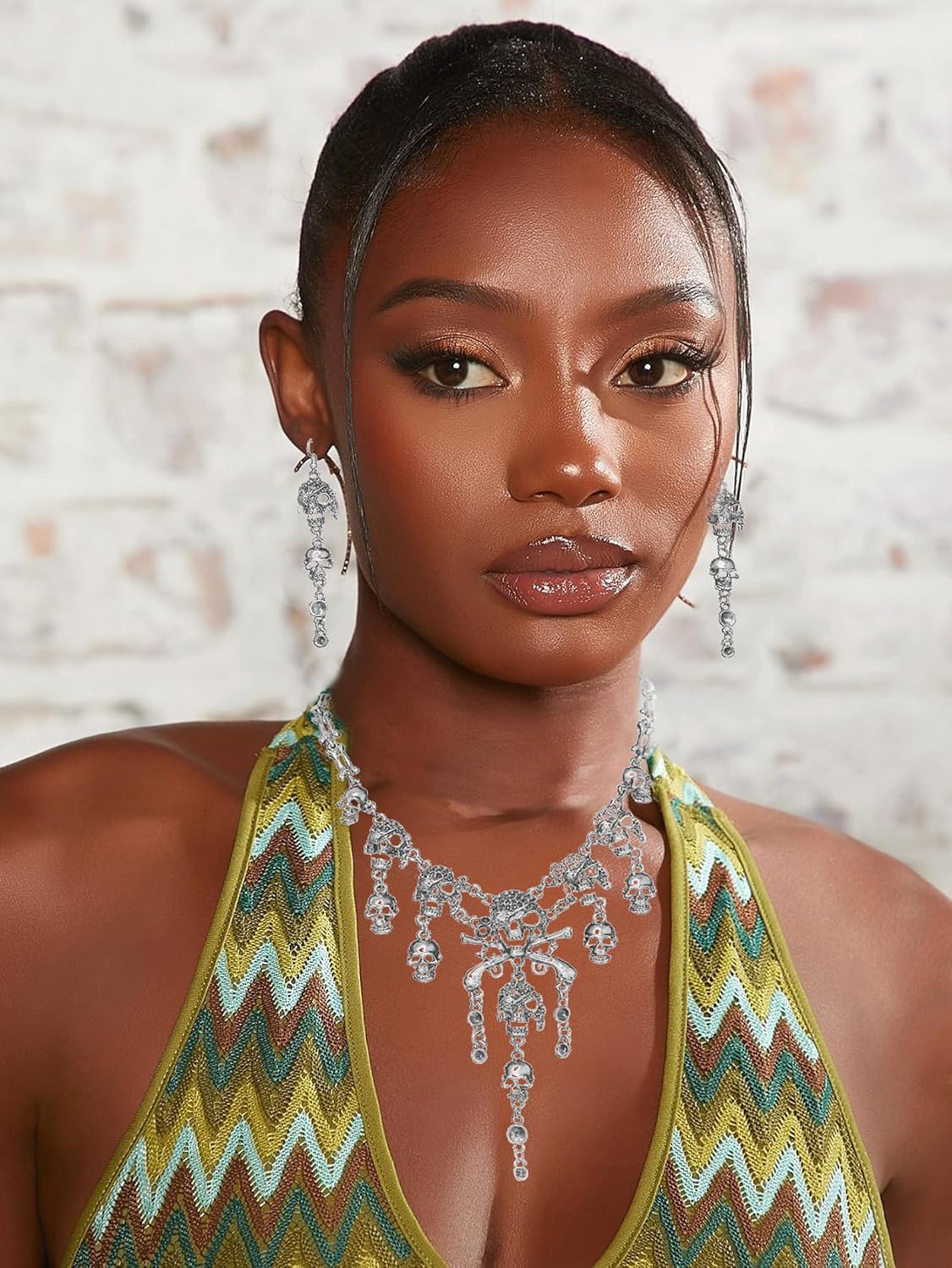 Pirate Necklace Earring Set for Women Punk Multi-Level Skull Tassel Charm Necklace Earrings Costume Gothic Fashion halloween Horror Skull Pirate Accessories Costume Jewelry - Image 7