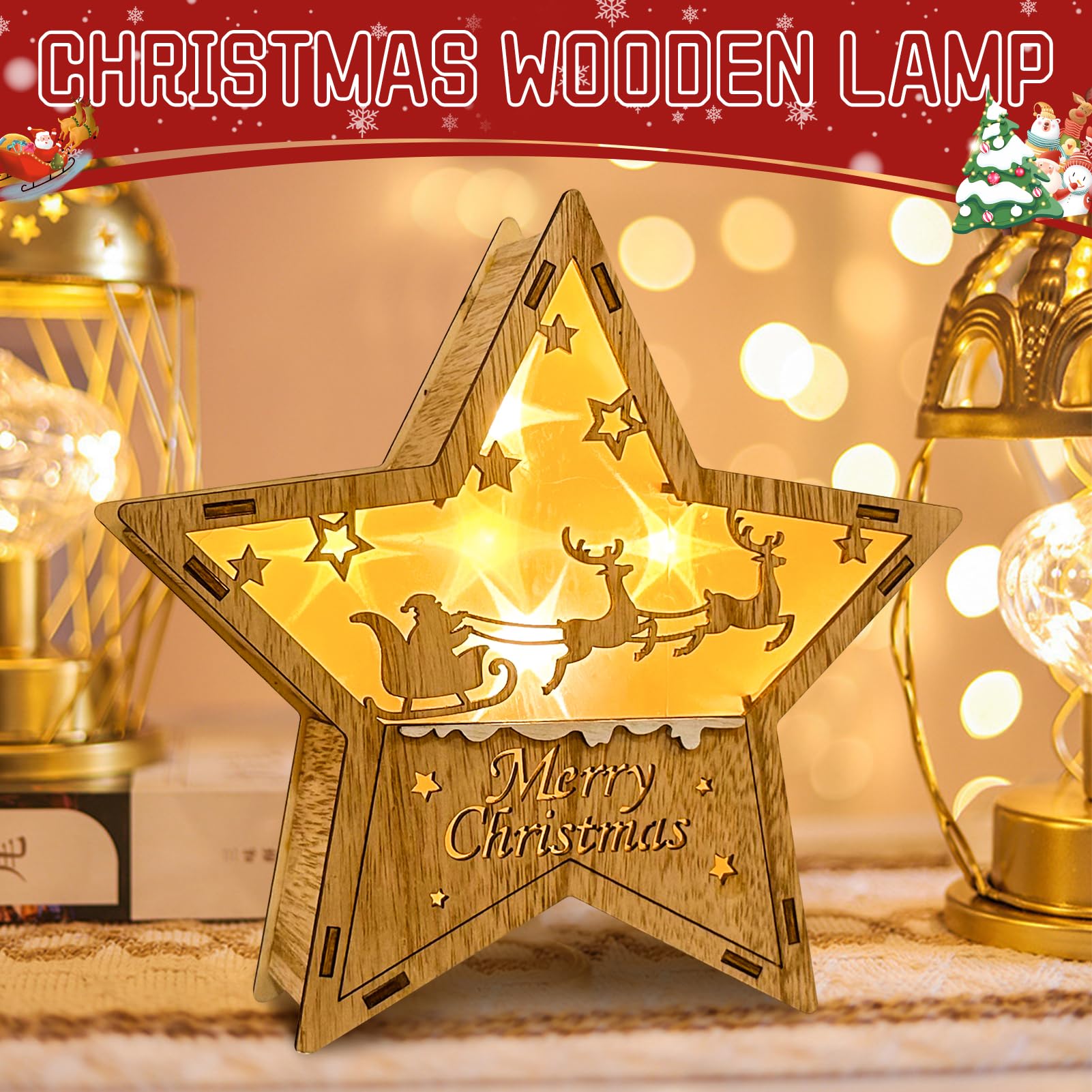 Wooden Christmas Decoration Star, 30 cm Christmas Lighting, LED Decorative Light, Star, Christmas Decoration, Reindeer - Image 4