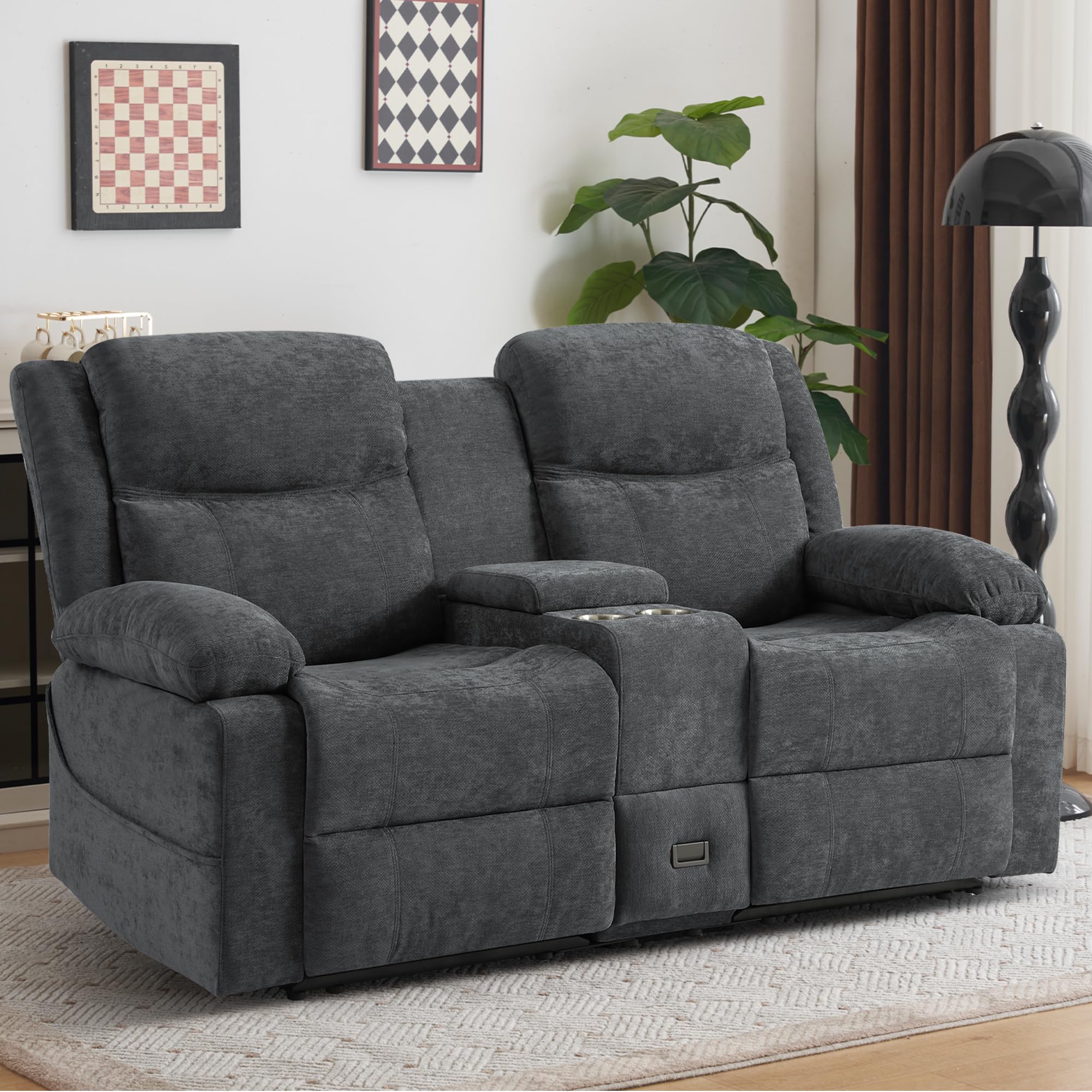 Zweisitziges Relaxsofa mit manueller Liegefunktion, Stoffbezug, Mittelkonsole mit Becherhaltern & Seitentasche – Doppel-Liegesofa ideal für Wohnzimmer, Büro oder Wohnung (Grau)