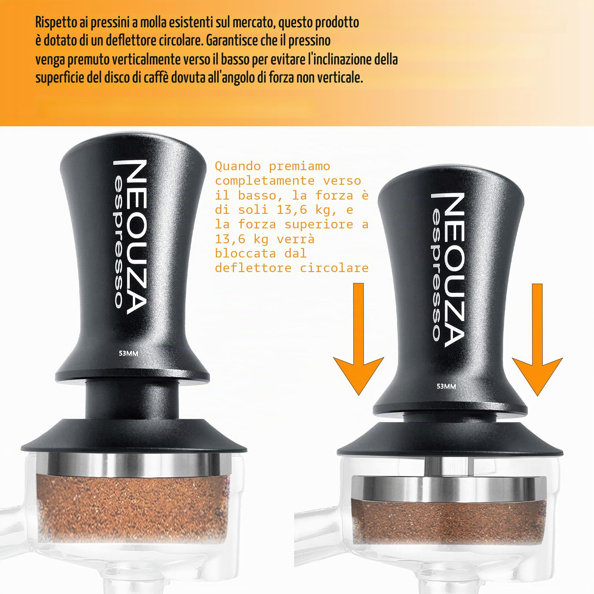 NEOUZA, Pressino per caffè espresso a molla, per macchinetta del caffè, da 51 mm, autolivellante, antiaderente, impugnatura raffinata, base piatta in acciaio inossidabile
