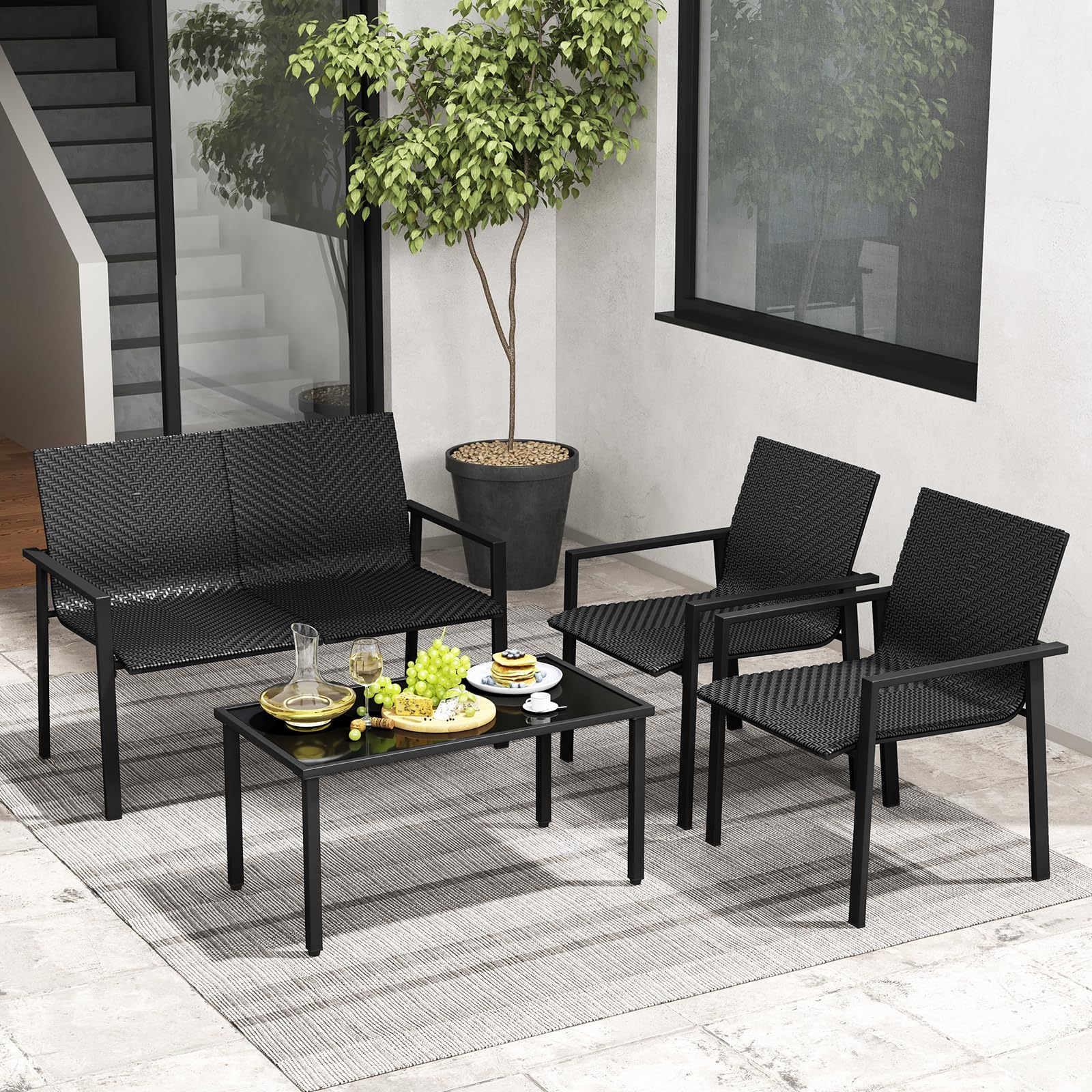 GIANTEX Gartenlounge Outdoor Möbelsets, Garten Lounge Gartenmöbel Set Polyrattan, 4 tlg. Terrassenmöbel, Sitzgruppe 4 Personen Tisch 2 Stühle Sitzbank, Balkonmöbel Kleiner Balkon, Balkonset Wetterfest