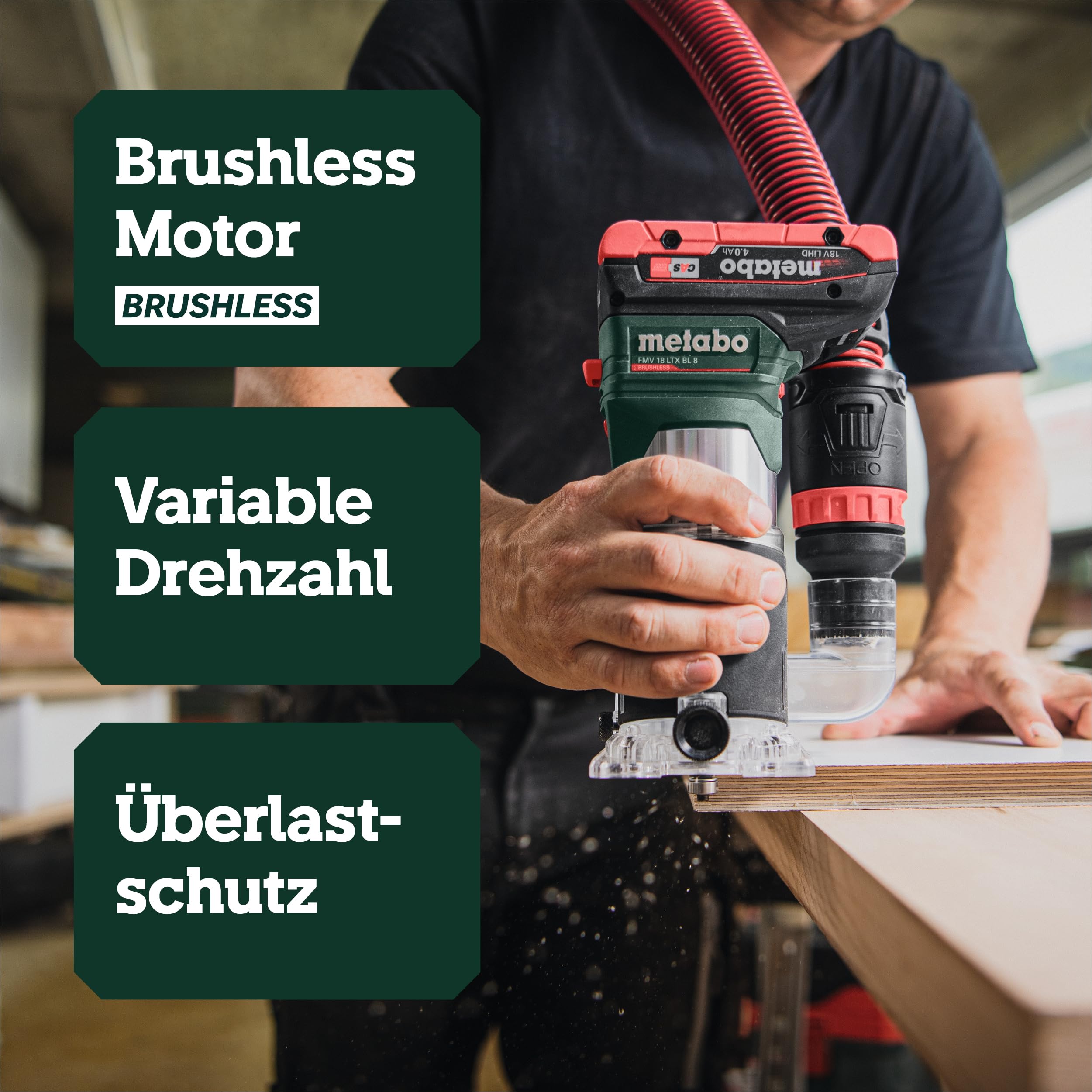 metabo FMV 18 LTX BL 8 Akku-Kantenfräse, Brushless-Motor, 6/8 mm Zangen | Variable Drehzahl 4800-29000 U/min, stufenlose Tiefeneinstellung, im Koffer metaBOX 145 L, ohne Akku und Ladegerät