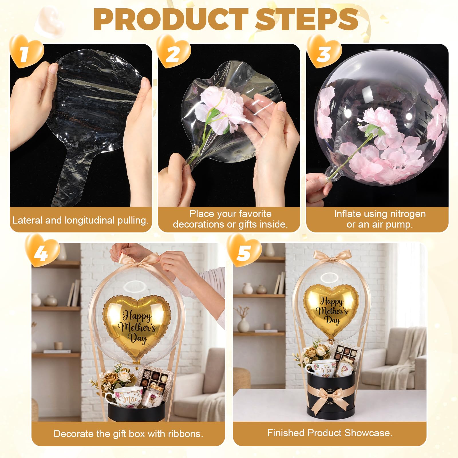 Gejoy 3 Set 16 Zoll Transparent Wide Mouth Bobo Ballon Geschenk-Set mit runden Geschenkboxen, befüllbare klare Füllballons mit Band und Stäben für Muttertag Geburtstag Hochzeit Party Dekorationen