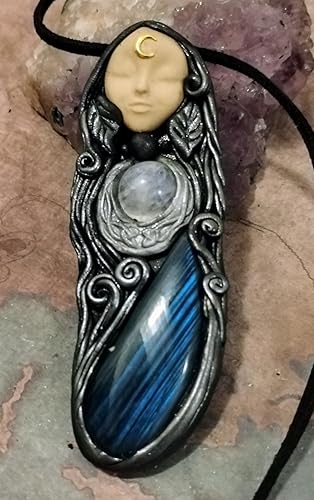 Miniatura 2 de Triple Moon Goddess Necklace with Moonstone and Aura Quartz Crystal Cluster. Moon Goddess Statue Figurine. Wicca Witchy Pagan Jewelry (Angel Aura