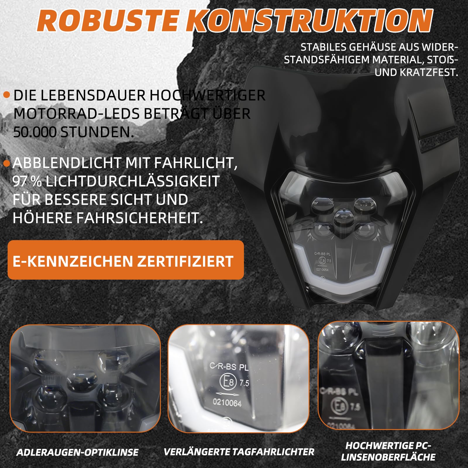 reflektor LED główny do motocykla dla KTM EXC250 SX250 SXF250 EXC450 SX350 SXF450 EXC525 640LC4 125cc Enduro Supermoto Offroad Dirt Bike (Czarny)