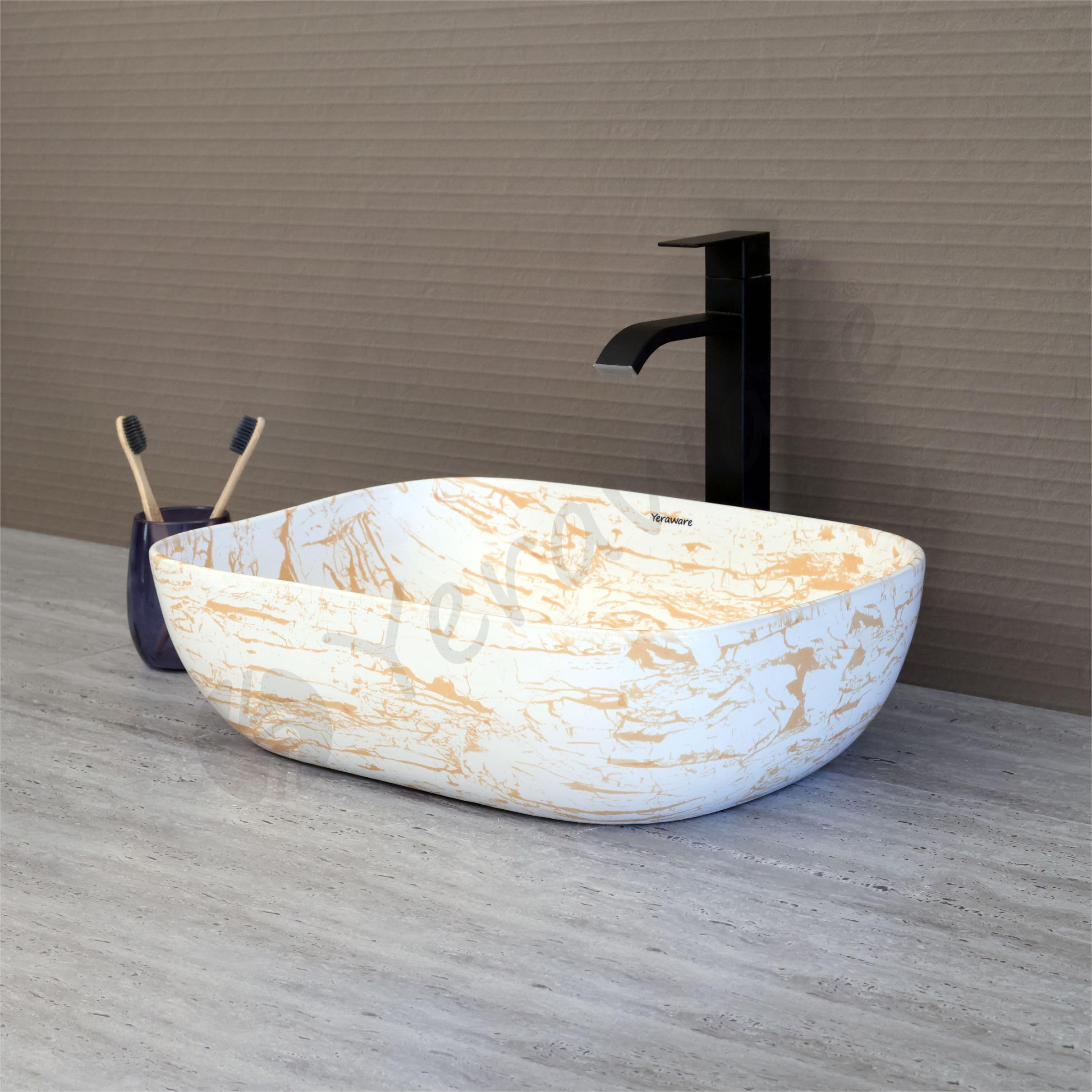 YERAWARE Premium Designer Ceramic Countertop Wash Basin For Bathroom | Stylish Tabletop Sink for Living Room, Hotels, Office & Restaurant (18 x 13 x 5 Inch) (Gold Marble Streaks)