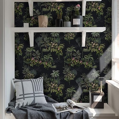 Vista 41 de Ismoon Papel tapiz verde para despegar y pegar, diseño bohemio floral y hojas en papel adhesivo grueso, papel adhesivo botánico oscuro, extraíble
