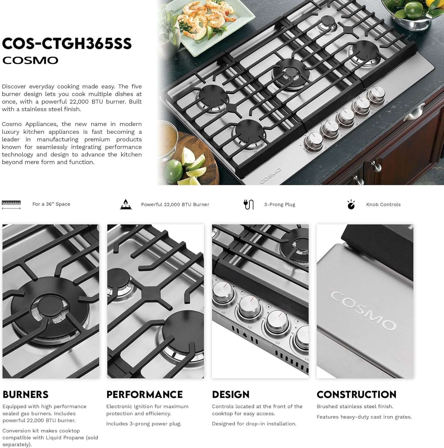 COSMO COS-CTGH365SS 36 in. Haven Collection Drop-in Gas Cooktop with 5 Sealed Burners, Cast Iron Grates in Stainless Steel