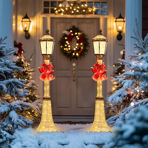 60Inch Outdoor Christmas Decorations Outdoor Lighted Lamp Post 3D Lamppost LED Lighted Display with 128 LED Lights&Bow, Holiday Decorations for Yard, Porch, Patio (2-Pack)