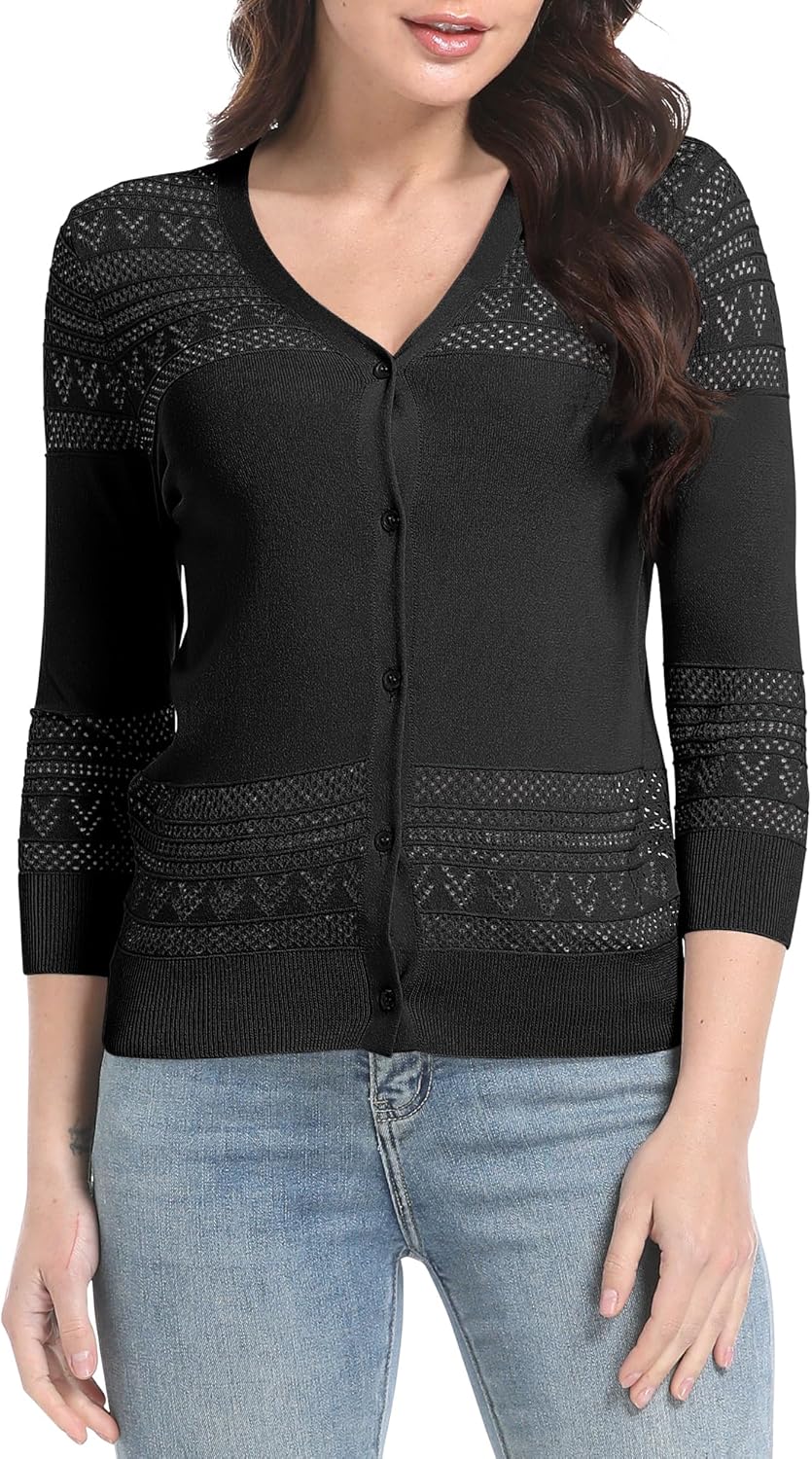 Urban CoCo Women's V-Neck Boho Crochet Cardigan 2025 Summer Lightweight 3/4 Sleeve Open Front Button Down Cover Up - Image 3