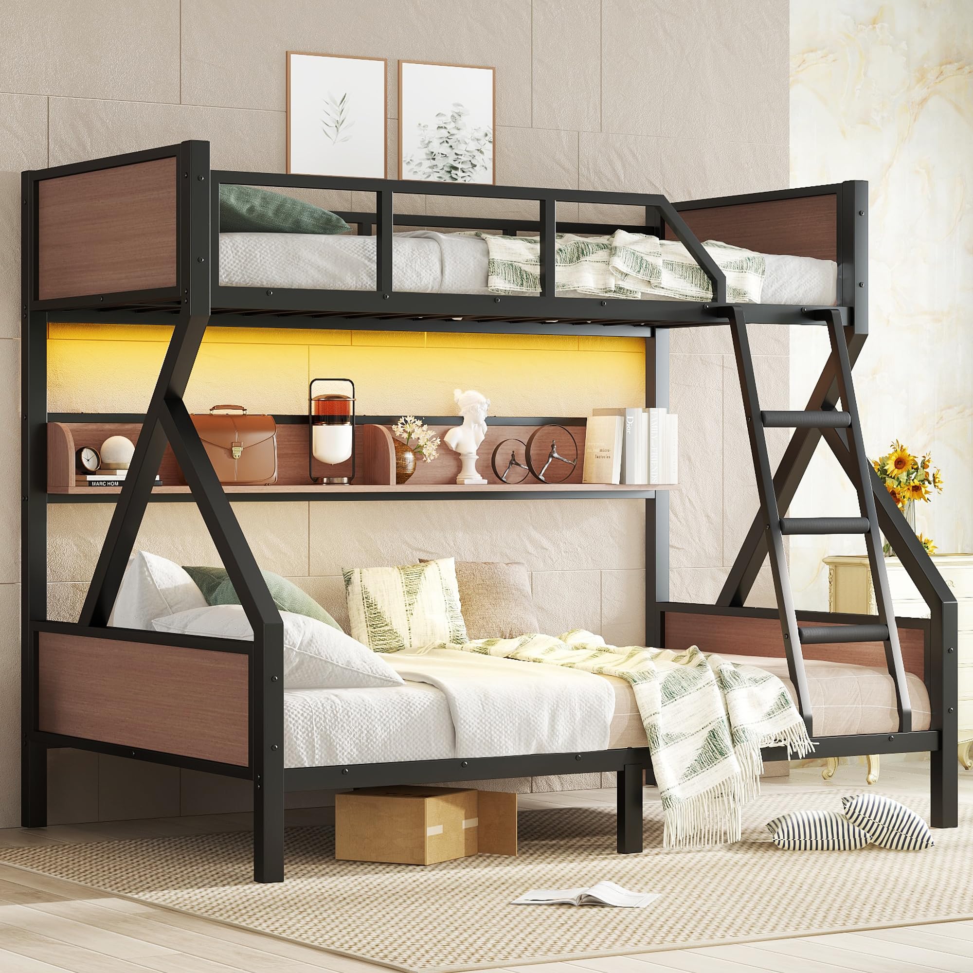 Twin Over Full Size Bunk Bed with Storage Shelves and LED Lights,Heavy Duty Adult Bunk Beds with Angled Ladder,Metal Bunk Bed Twin Over Full,Black