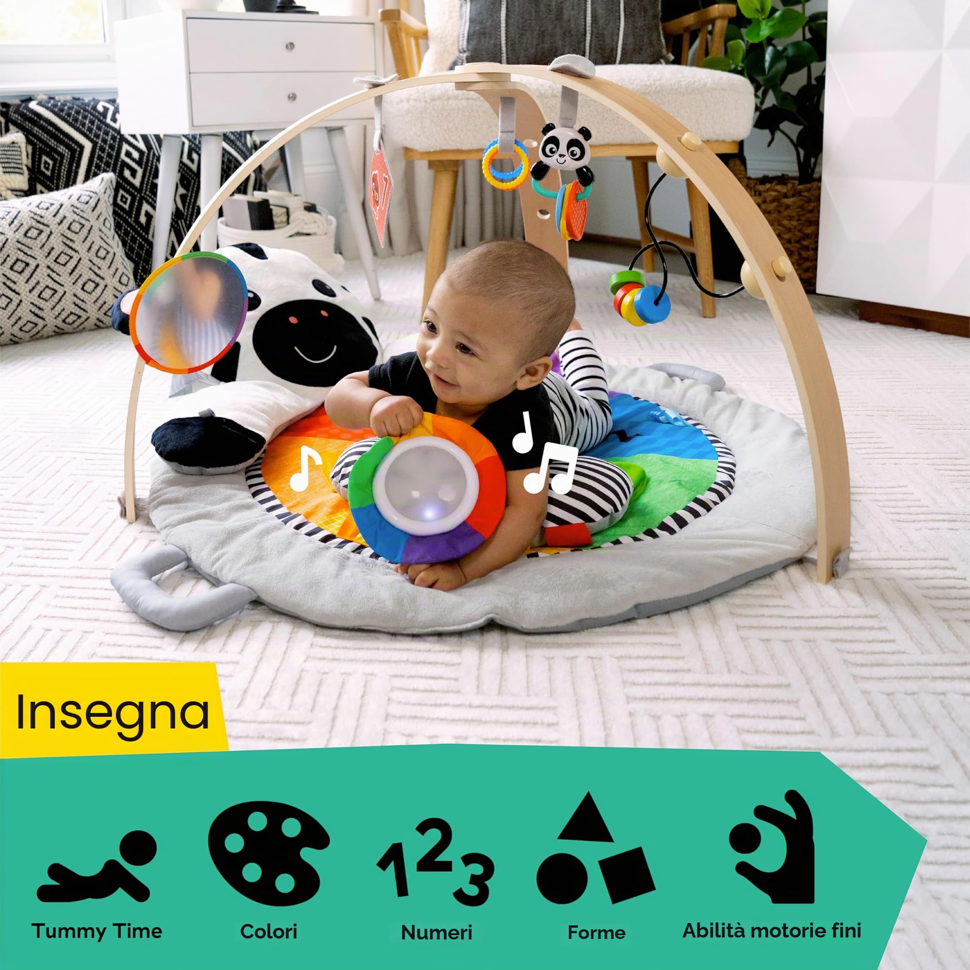 Baby Einstein Palestrina in peluche Zen’s Activity Milestones, con barra in legno, per neonati e bimbi, 0-12 mesi, lavabile in lavatrice