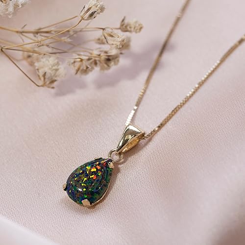Miniatura 5 de 14K Gold Black Opal Necklace - 14K Solid Yellow Gold Dainty Teardrop Shape Pendant, October Birthstone 7x10mm Teardrop Opal Gemstone,Handmade