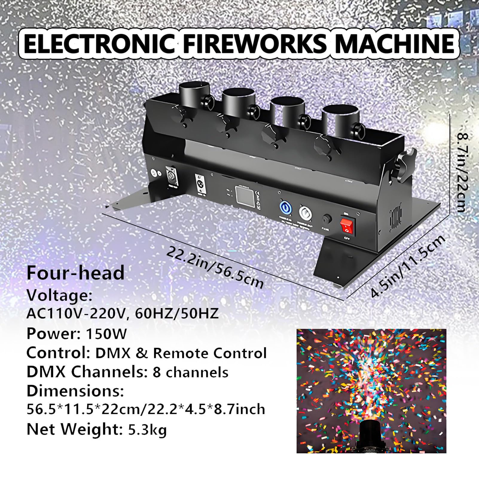 Elektrische Konfetti Maschine, Professioneller DJ Konfettiwerfer 80cm, Tragbare 1/2/4-Schuss Konfettipistole, für Partylichteffekt Club Bar Hochzeit Weihnachten Halloween 4shot-25pcs
