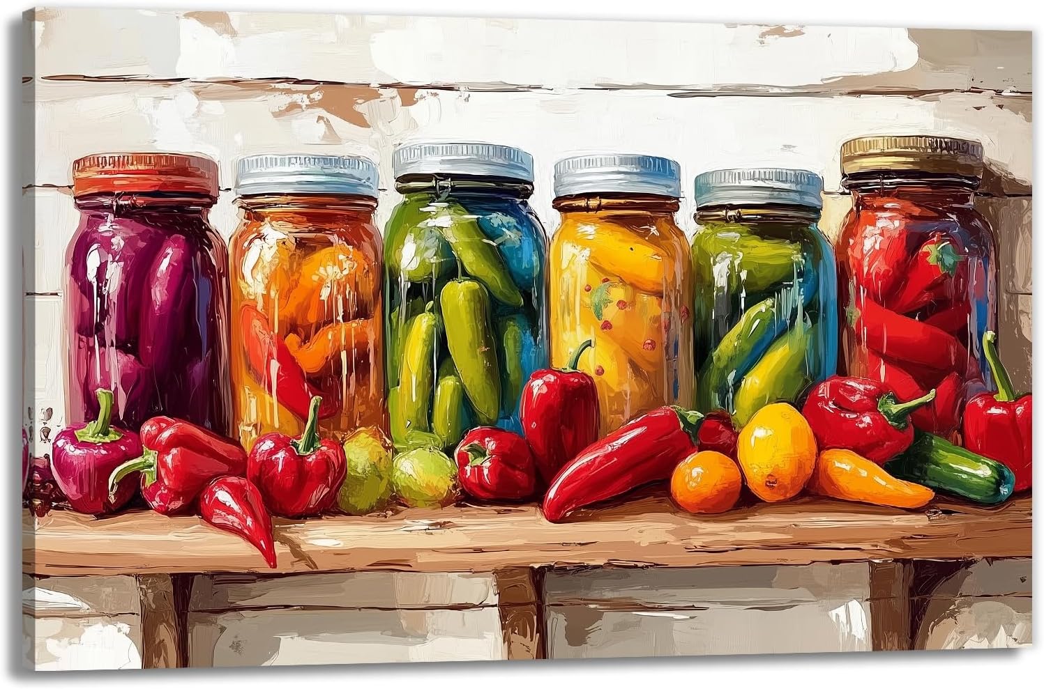 GLOKAKA Colorful Chili Peppers Kitchen Canvas Wall Art Vintage Food Theme Print Farmhouse Decor Retro Pepper Posters Rustic Wall Art for Dining Room Pantry(Artwork-1,12"x18")
