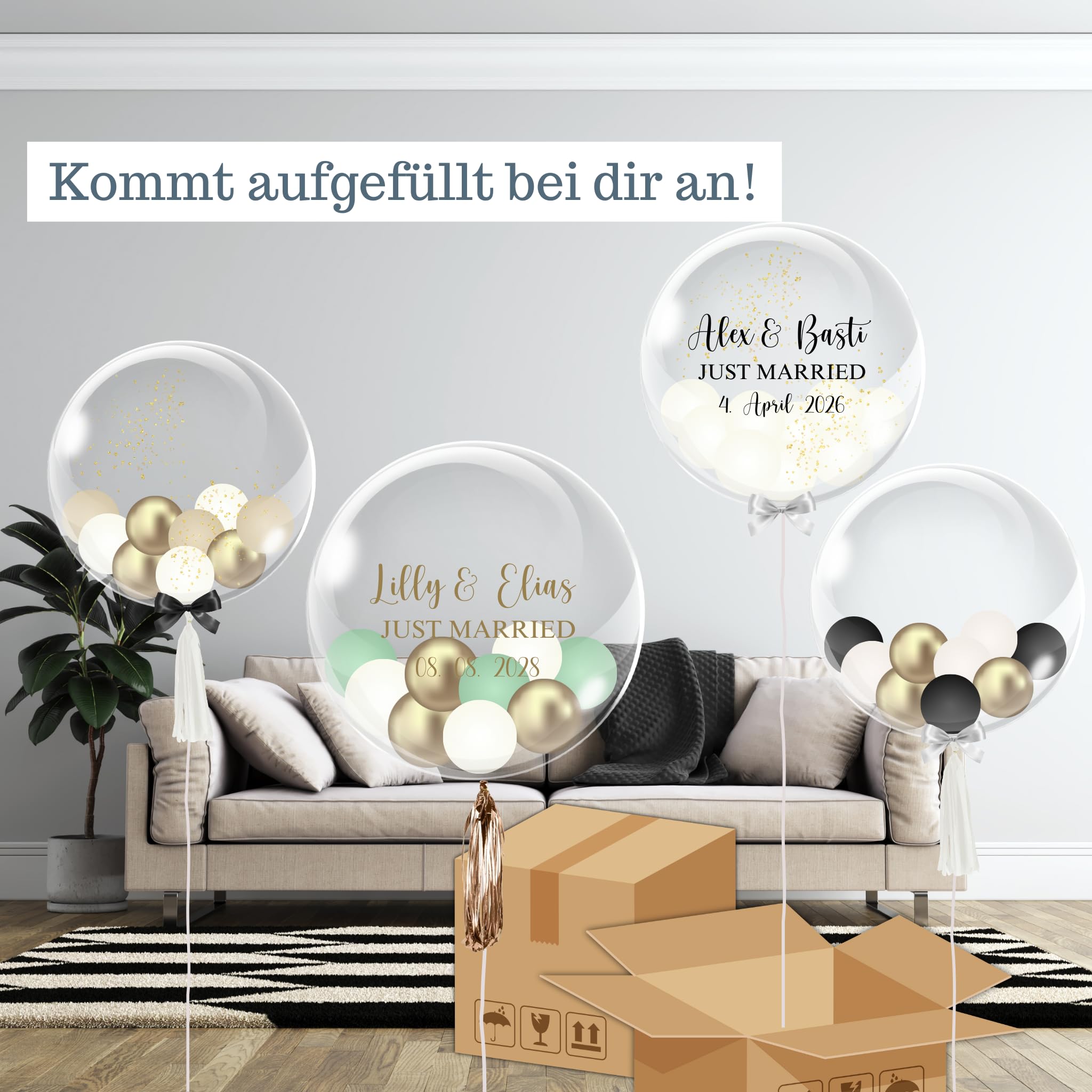 Just Married - Bubble Fabrik - Personalisiertes Ballongeschenk: Durchsichtiger Heliumballon mit Bunten Ballons, Geschenk zur Hochzeit, Hochzeitsmitbringsel