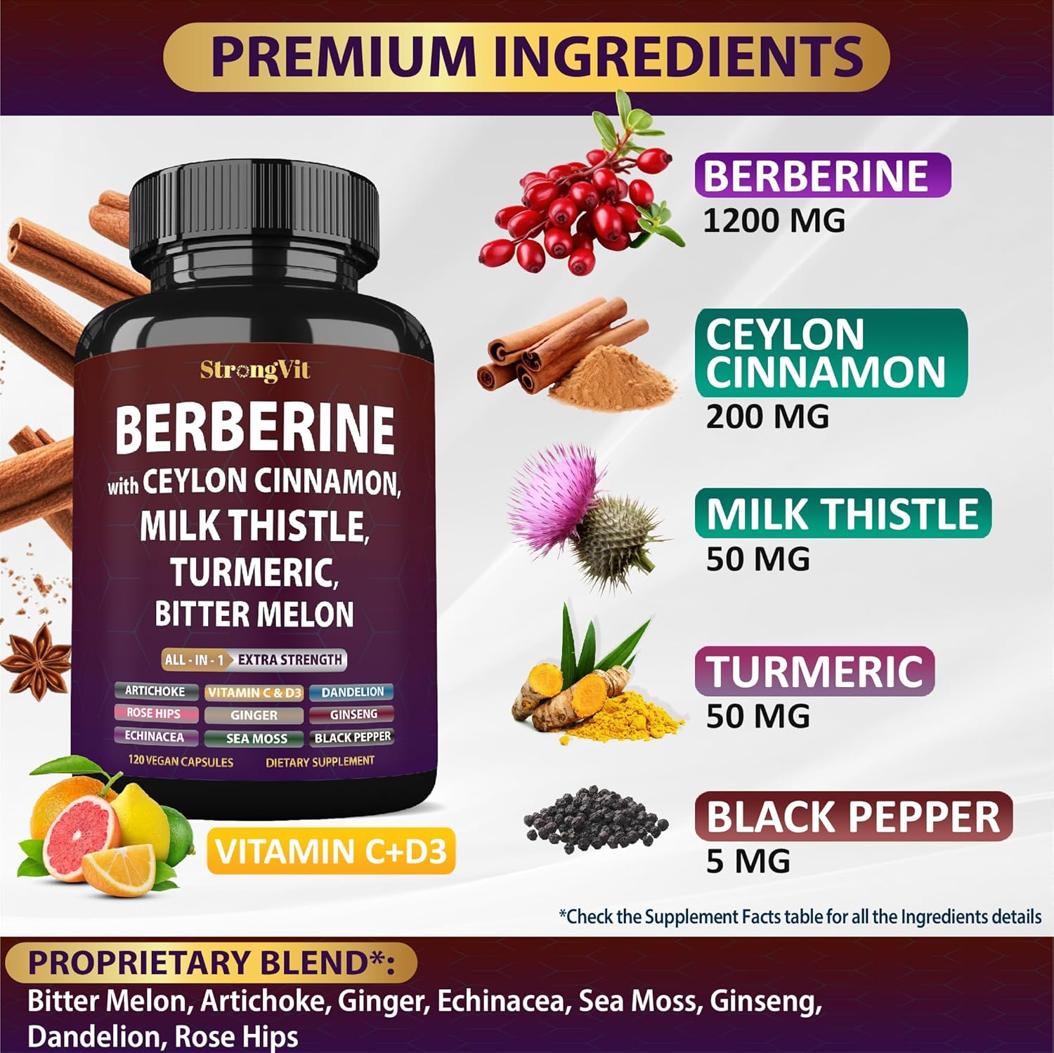 Berberine with Ceylon Cinnamon Supplement, Milk Thistle, Turmeric, Bitter Melon for Digestion, Immunity. Organic Complex for Men & Women, Non-GMO, Gluten-Free, Vegan, USA (120 Capsules) - Image 4