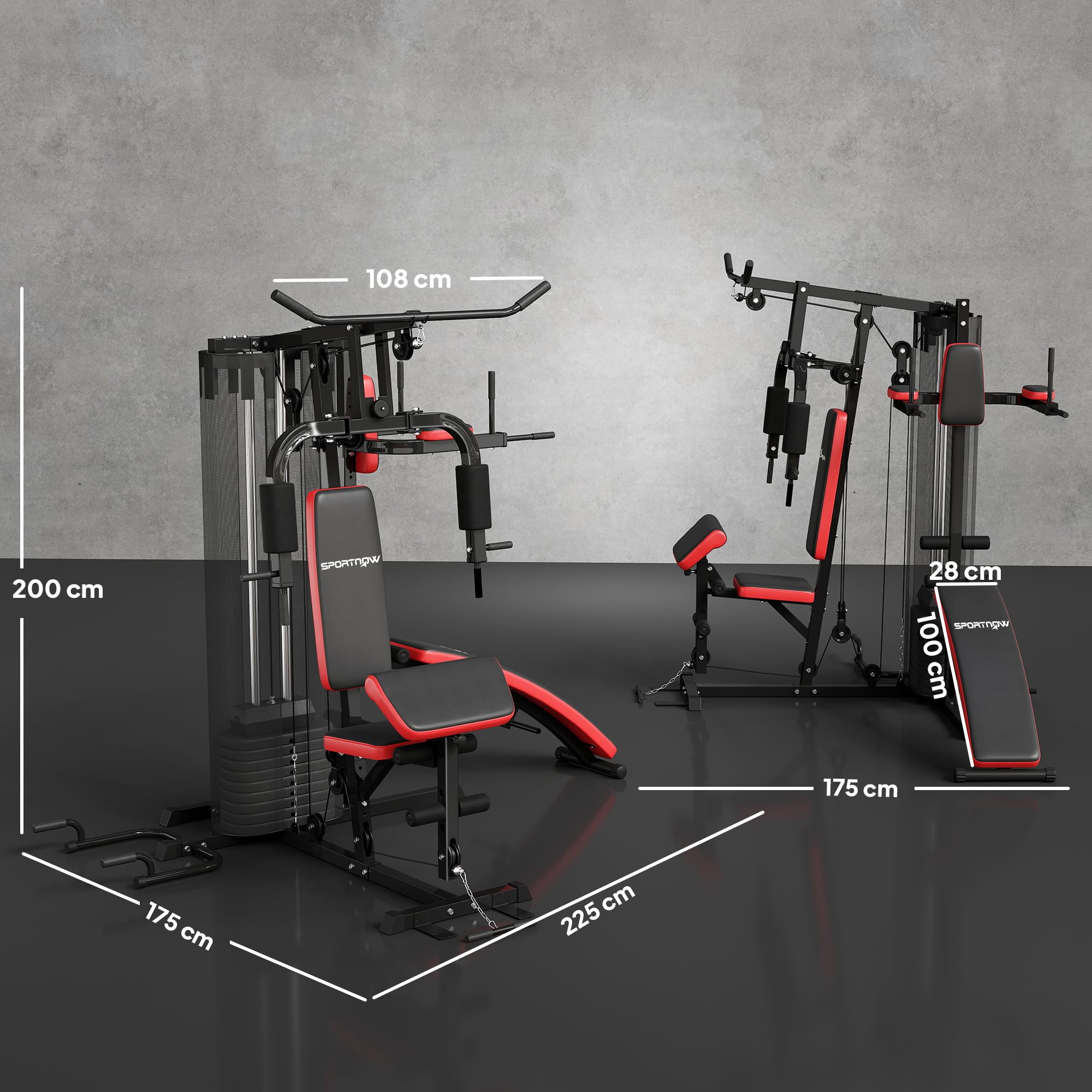 SPORTNOW Máquina Multiestación Musculación para Casa Ajustable Multiestación de Musculación con Placas de Peso 45 kg para Fitness Entrenamiento en Gimnasio Hogar 225x175x200 cm Negro