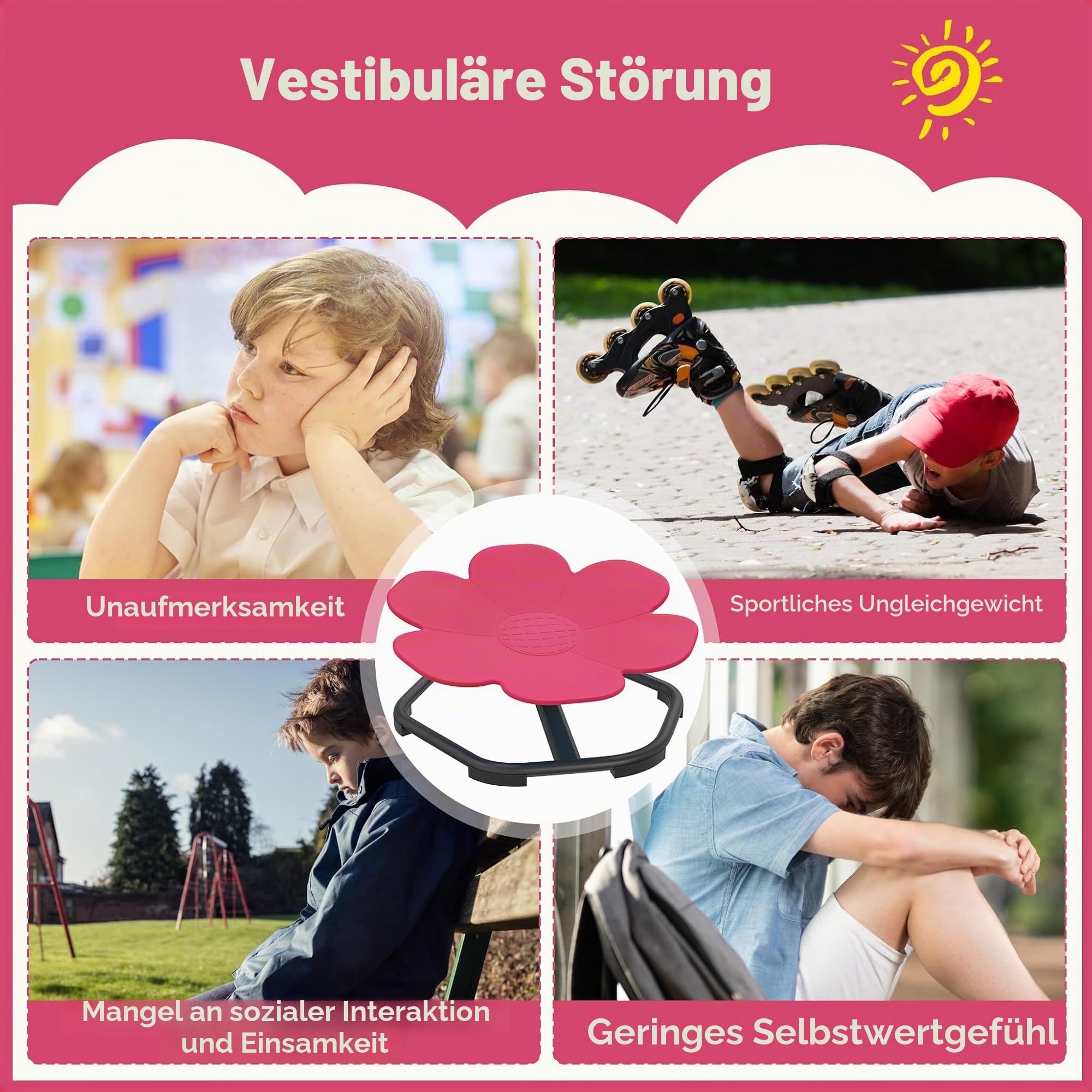 FIVMEN Karussell Drehstuhl für Autismus Kinder Training Physische Koordination und Gleichgewicht Sensorisches Balance Drehhocker für Kinder ab 3-9 Jahren, Rosenrot