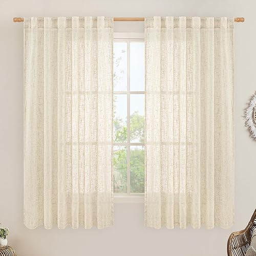 LAMIT Cortinas de lino sintético de 63 pulgadas de largo para dormitorio, con pestaña trasera y bolsillo para barra, cortinas de lino transparentes
