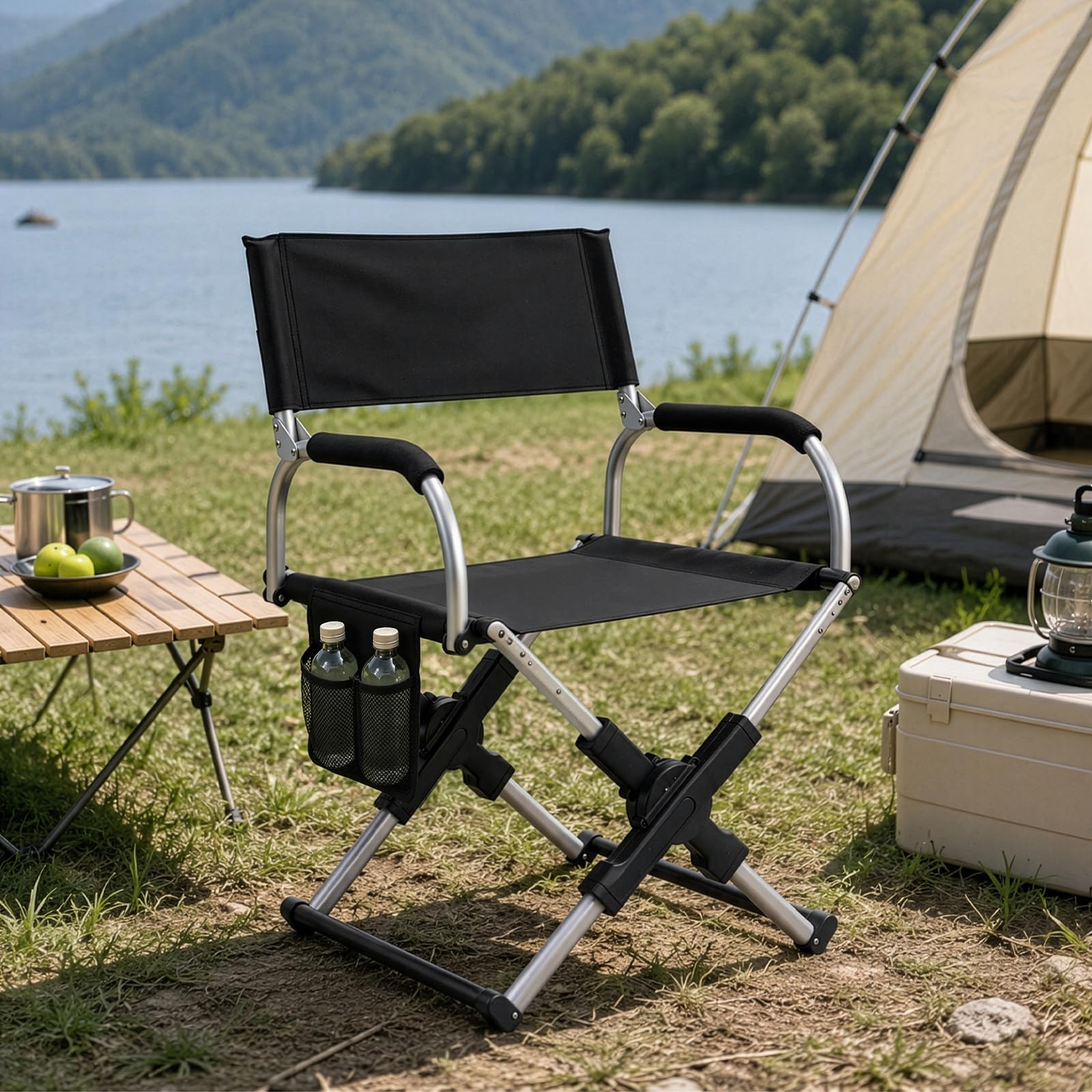 Faltbarer Campingstuhl mit Armlehnen und Rückenlehne, Schwerlast Outdoor Klappstuhl aus Aluminium, Tragbarer Angelstuhl für Camping, Picknick & Garten, Charcoal Schwarz