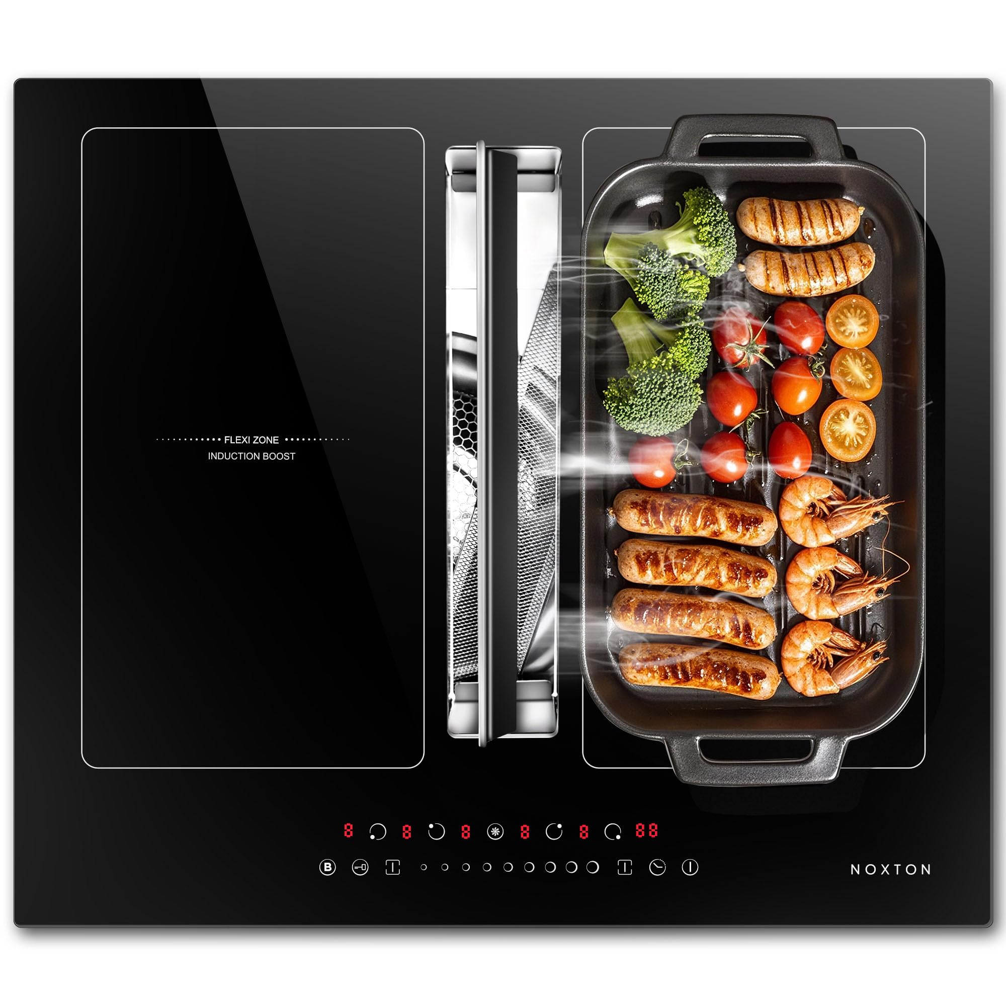 NOXTON Piano Cottura a Induzione 4 Fuochi, 7200W Piano Cottura Elettrico Domino Incasso, 60cm Piastre Induzione con 145W cappa aspirante, Flessible Zone di Controllo Scorrimento, Boost, 220V-240V