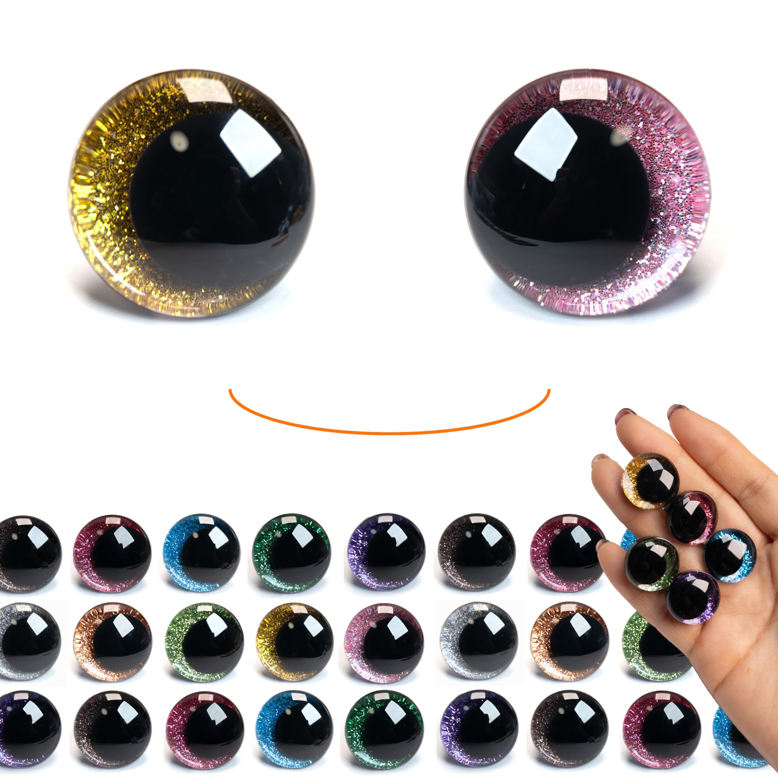 SEVENSUN 20mm Sparkling Off-Centered Glitter Safety Eyes, 128 pcs 10 Colors 3D Moon Glitter Eyes with Washers, Doll Making Stuffed Craft Crochet