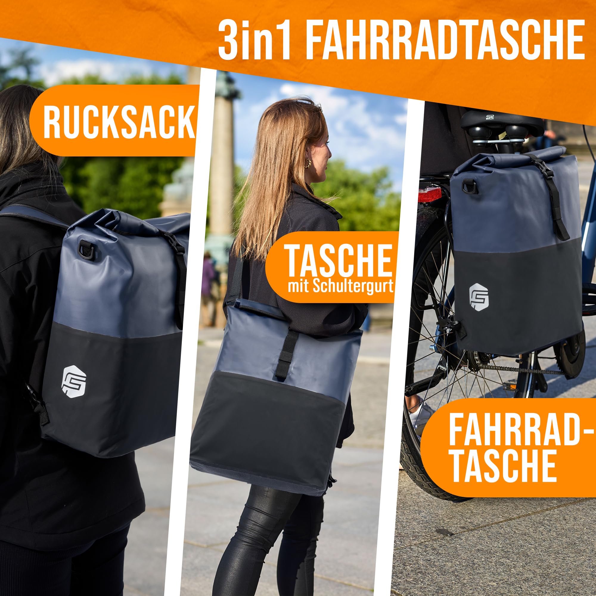 Forrider 3in1 Fahrradtasche für Gepäckträger mit Rucksack Wasserdicht [27L] Gepäckträgertasche Reflektierend I Fahrradtasche Rucksack | Fahrradrucksack für Gepäckträger mit Laptopfach Fahrrad & Ebike