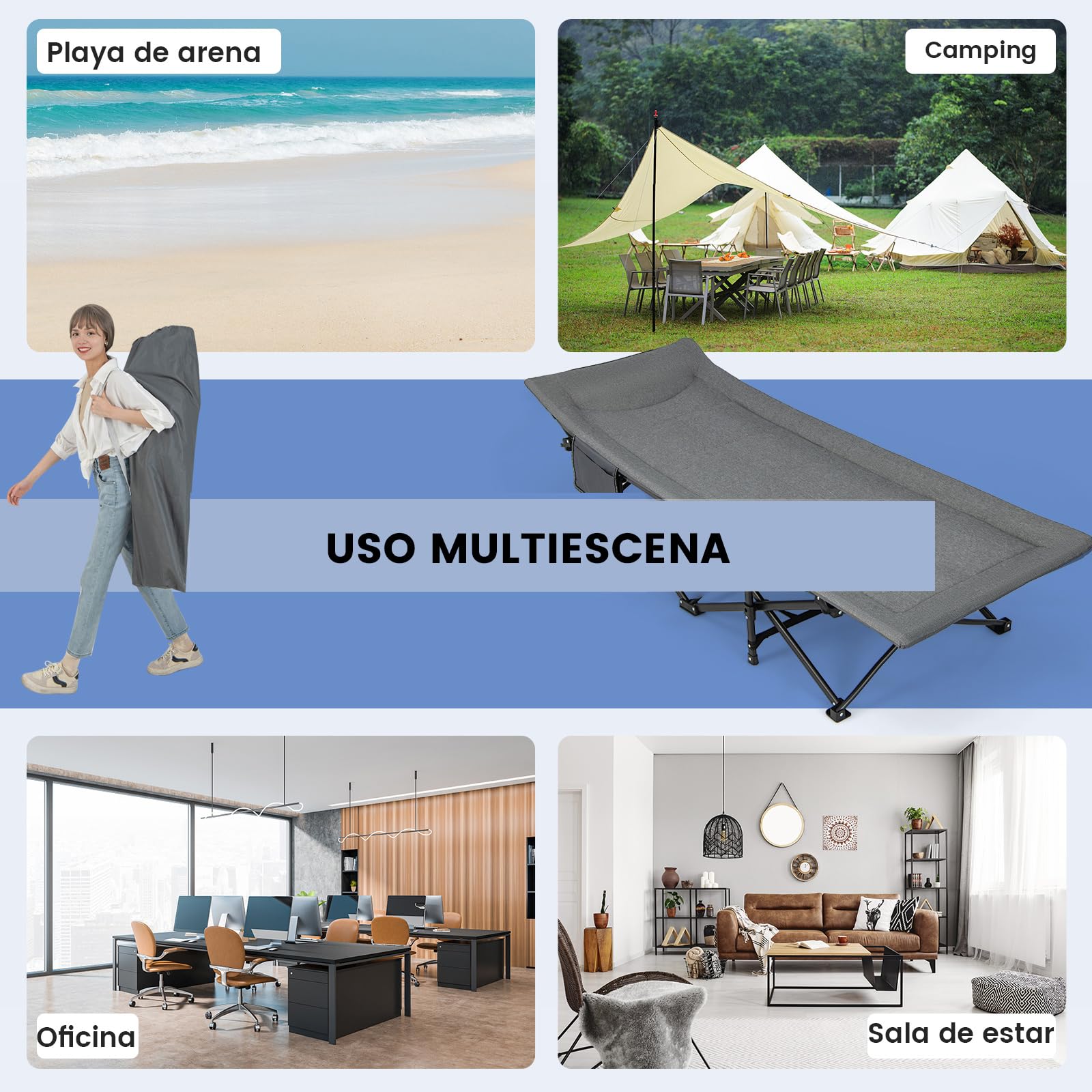 COSTWAY Cama Plegable Camping, Cama Camping con Cojín Cómodo, Reposacabezas y Bolsillo Lateral, Catre Plegable Camping, Bolsa de Transporte, Peso Neto 6,8kg, 190 x 68,5 x 48,5 cm