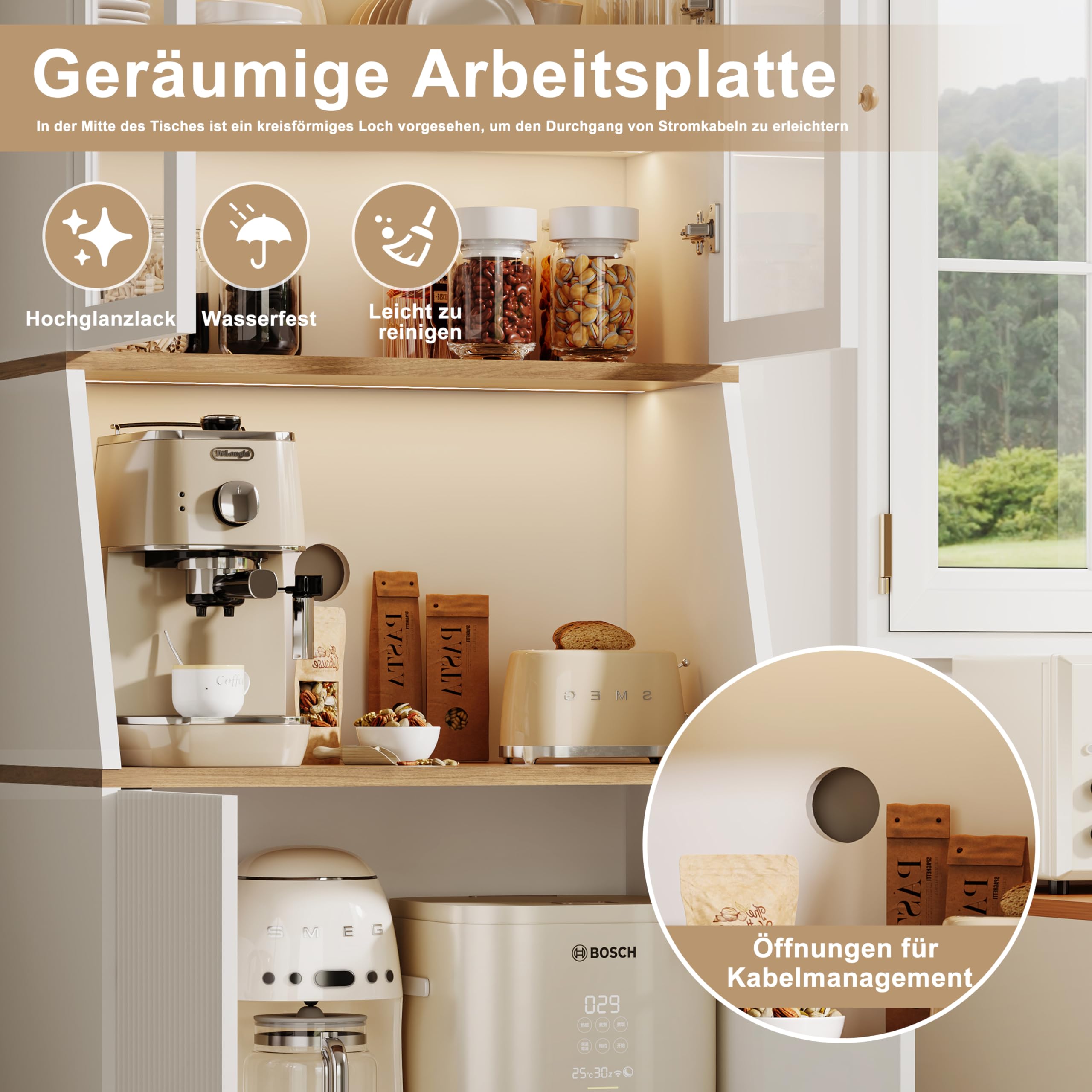 Küchenschrank 180cm mit 4 Türen und 5 Ebenen, Küchenbuffet mit Glastüren, Küchenschrank mit LED, Aufbewahrung mit Arbeitsplatte, Freistehender Küchenschränke Sideboard (Weiß)