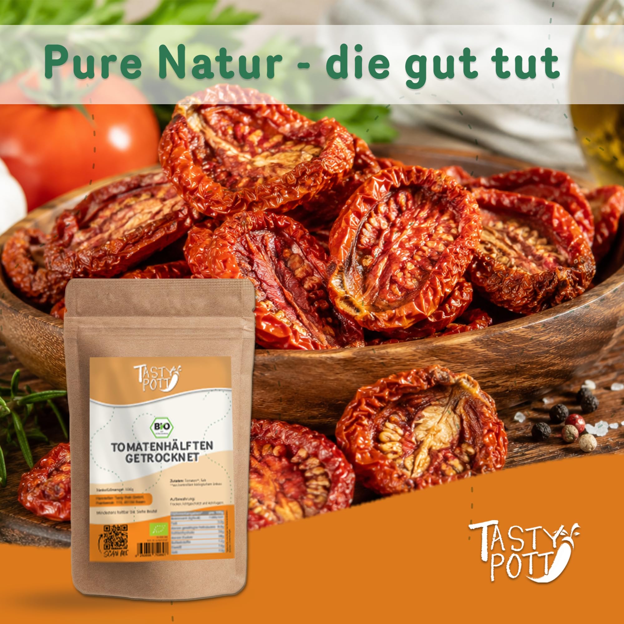 Tasty Pott Bio Tomatenhälften getrocknet I Sonnengetrocknete Tomaten I Vegane Ernährung I Für Pizza Salate Anti Pasti I Gemüsesnack I Gemüse I Tomaten I Im Beutel 1000g (3x1000g)