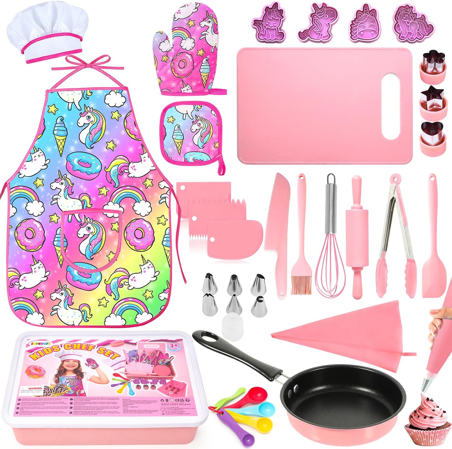 Kids Cooking and Baking Set with Storage Case Complete Cooking Supplies Kids Baking Kit Pretend Play Cooking Toys Unicorn Apron and Chef Hat for Girls & Boys
