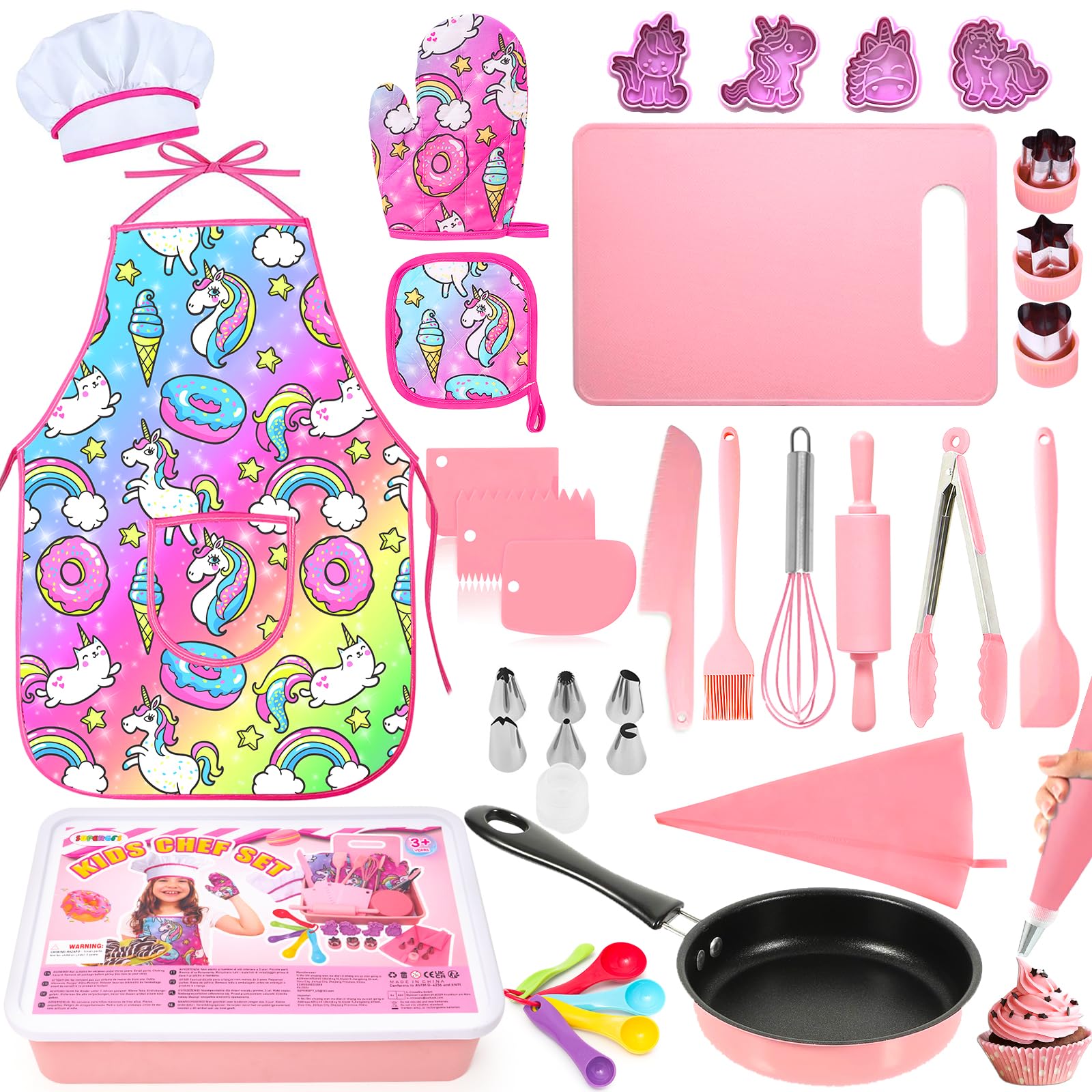 Kids Cooking and Baking Set with Storage Case Complete Cooking Supplies Kids Baking Kit Pretend Play Cooking Toys Unicorn Apron and Chef Hat for Girls & Boys