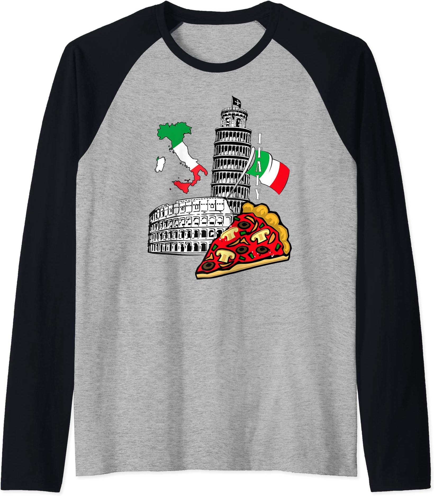 I love Italy Italian Flag Pisa Tower Pizza Colosseum T-shirt Raglan Baseball Tee