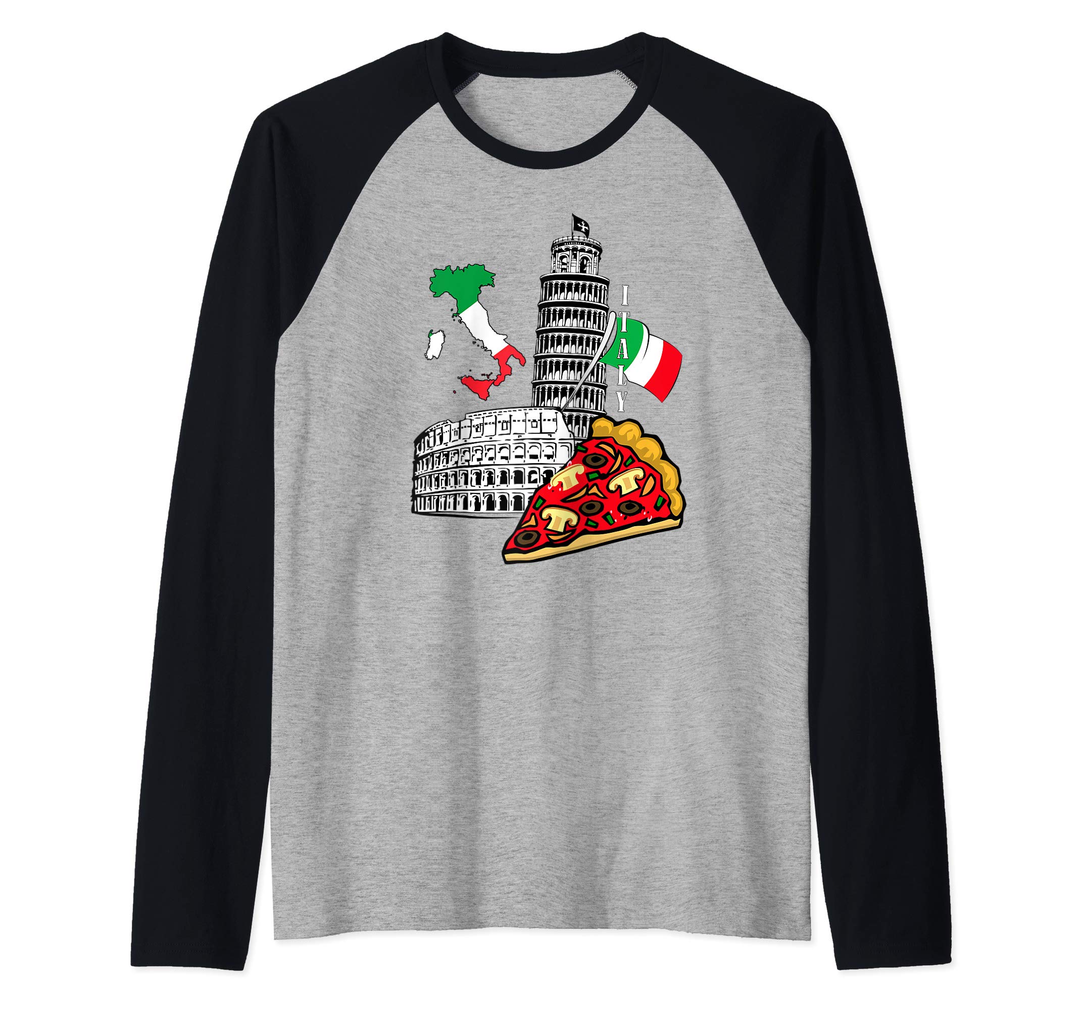 I love Italy Italian Flag Pisa Tower Pizza Colosseum T-shirt Raglan Baseball Tee