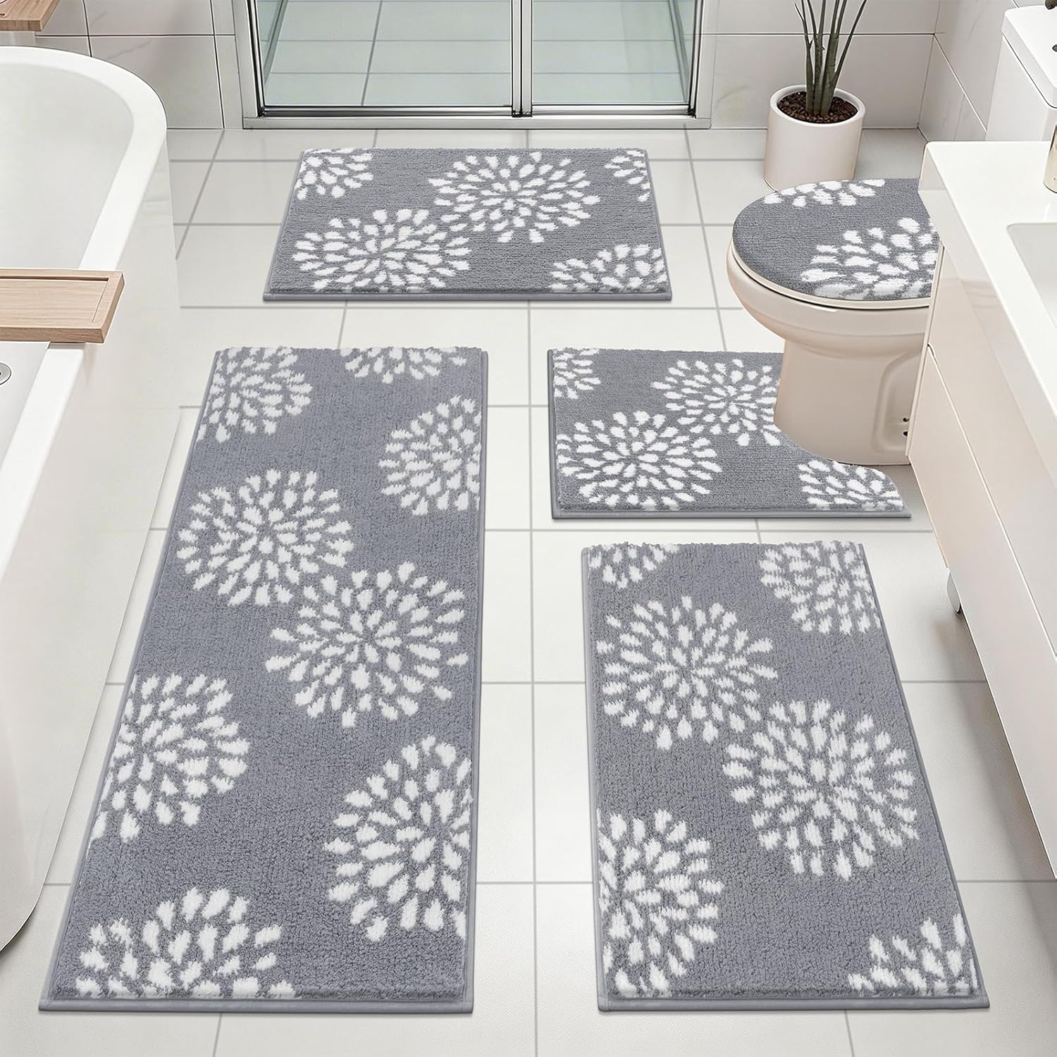 HEBE Floral Bathroom Rugs Set 5 Piece, Non Slip Washable Bath Mat Set for Bathroom, Absorbent Microfiber Bath Carpet with U-Shaped Contour Rug for Tub, Shower, Light Grey