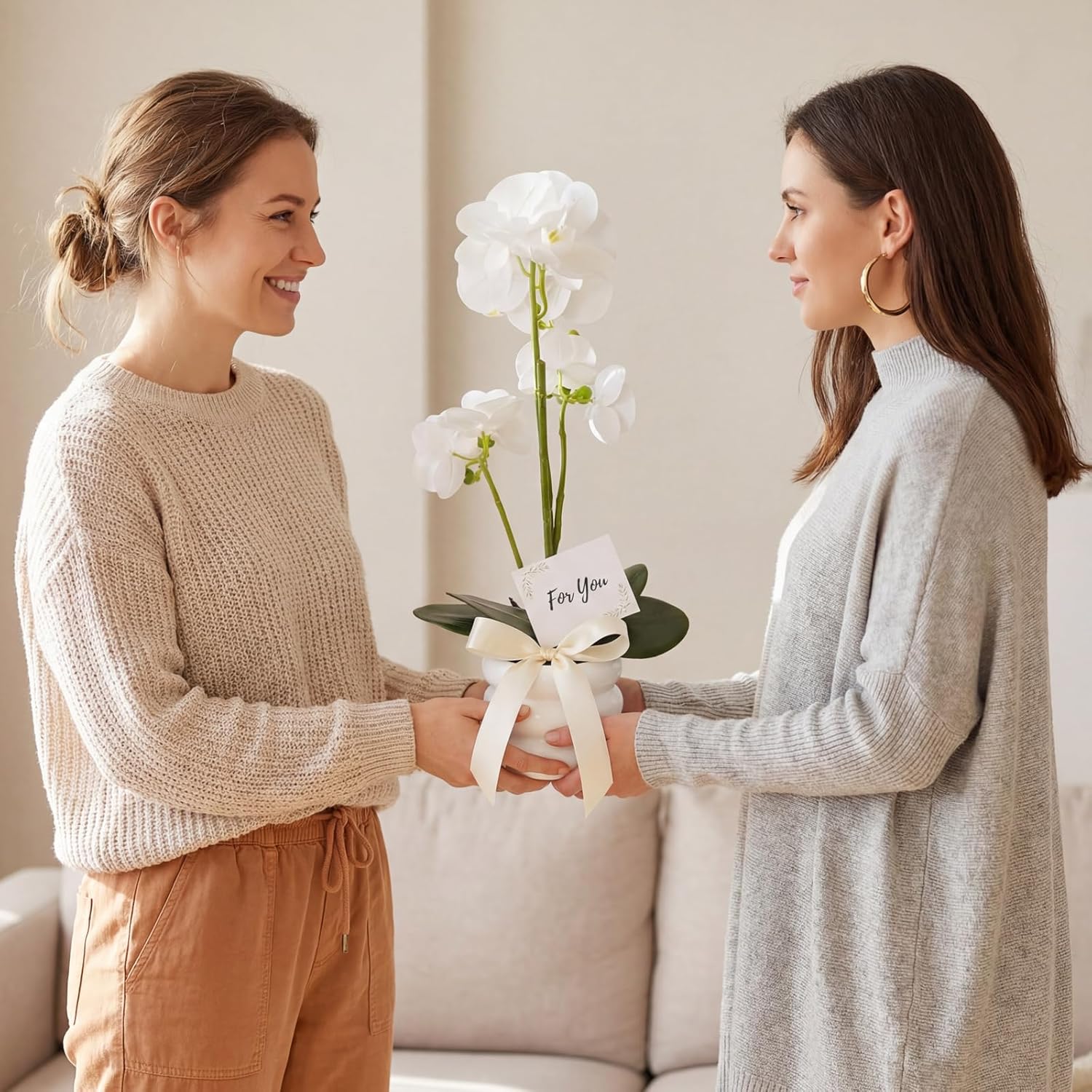 20" Large White Phalaenopsis Artificial Orchid Plant in Ceramic Vase - Real Touch Faux Orchid Flower Arrangements for Dining Table Centerpiece, Home Office Decor (White)