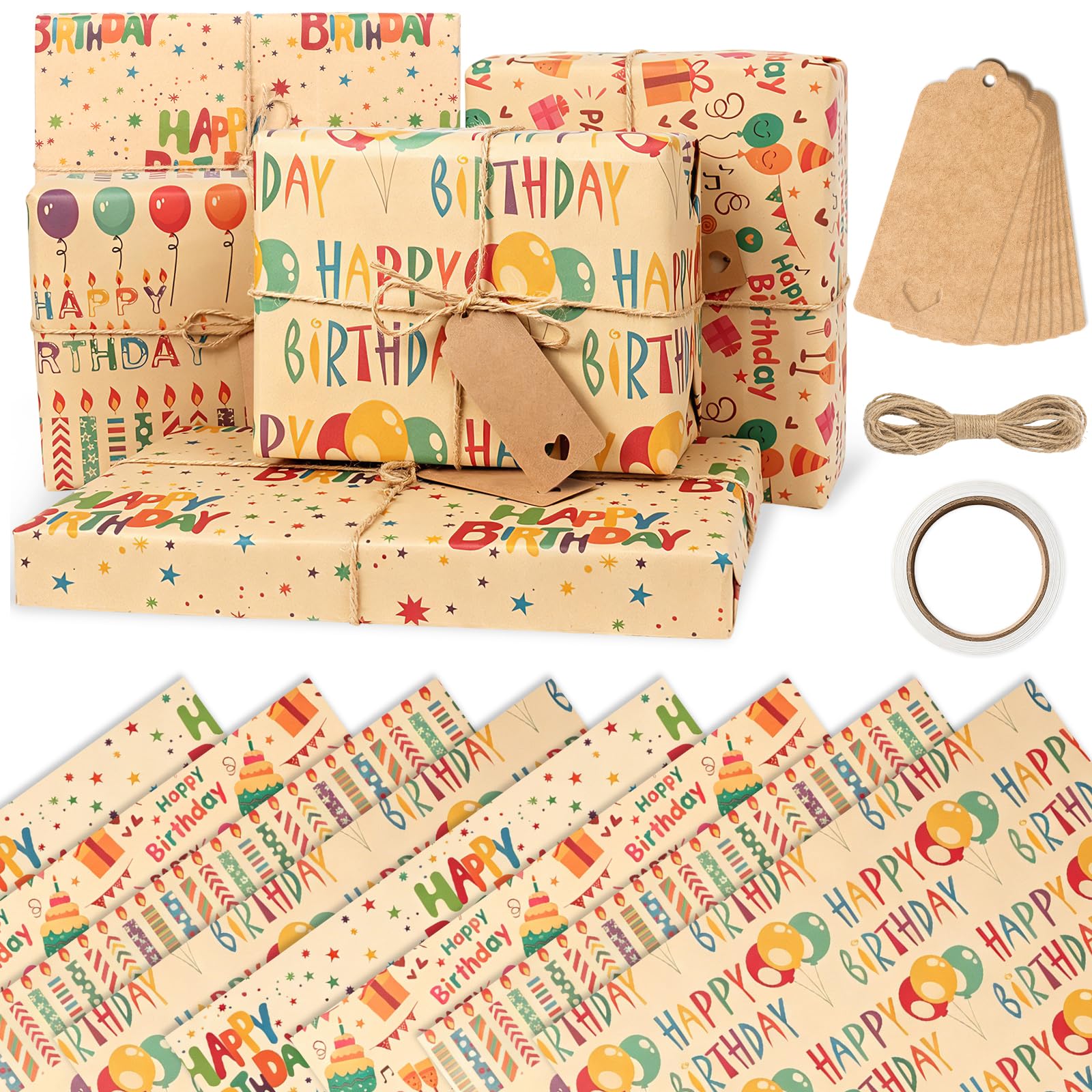 Birthday Wrapping Paper, 8 Sheets Folded Flat Birthday Gift Wrapping Paper plus 8 Tags 15m Jute String Tape, Recyclable Classic Kraft Birthdays Gift Wrap Set for Men Women Girls Boys (50 x 70 cm)