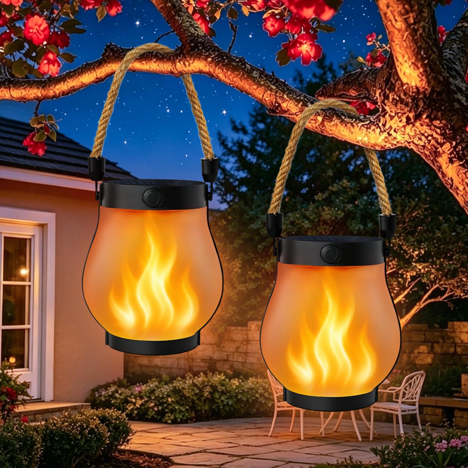 2 Pack Solar Lanterns Outdoor Waterproof, Solar Flame Lanterns with 2 Modes | Ultra-Real…
