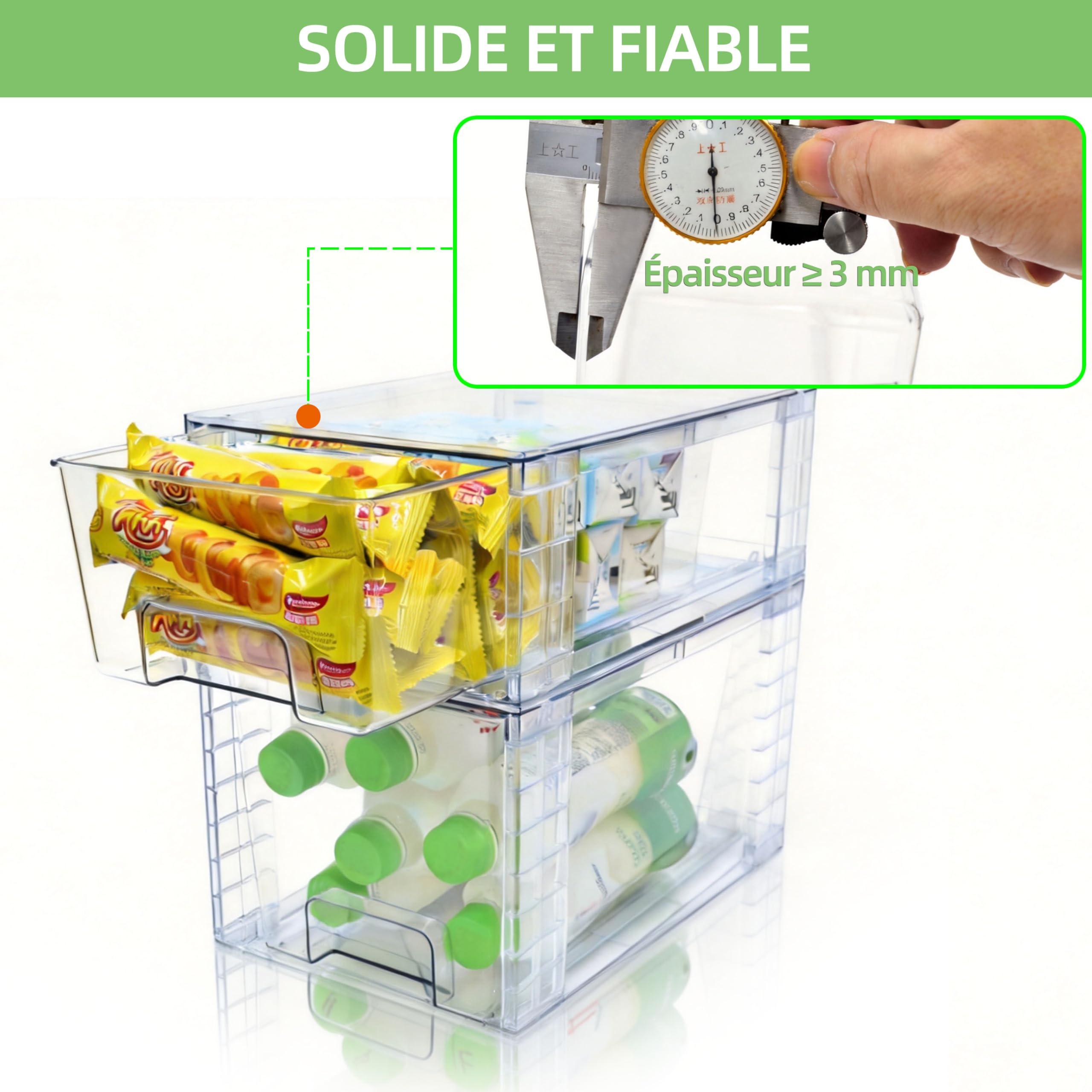 Lot de 2 Tiroirs de Rangement Empilables Transparent Petit Modèle, Organisateurs Acrylique avec Poignées, pour Réfrigérateur, Salle de Bain, Cuisine, Placard, Rangement Garde-Manger