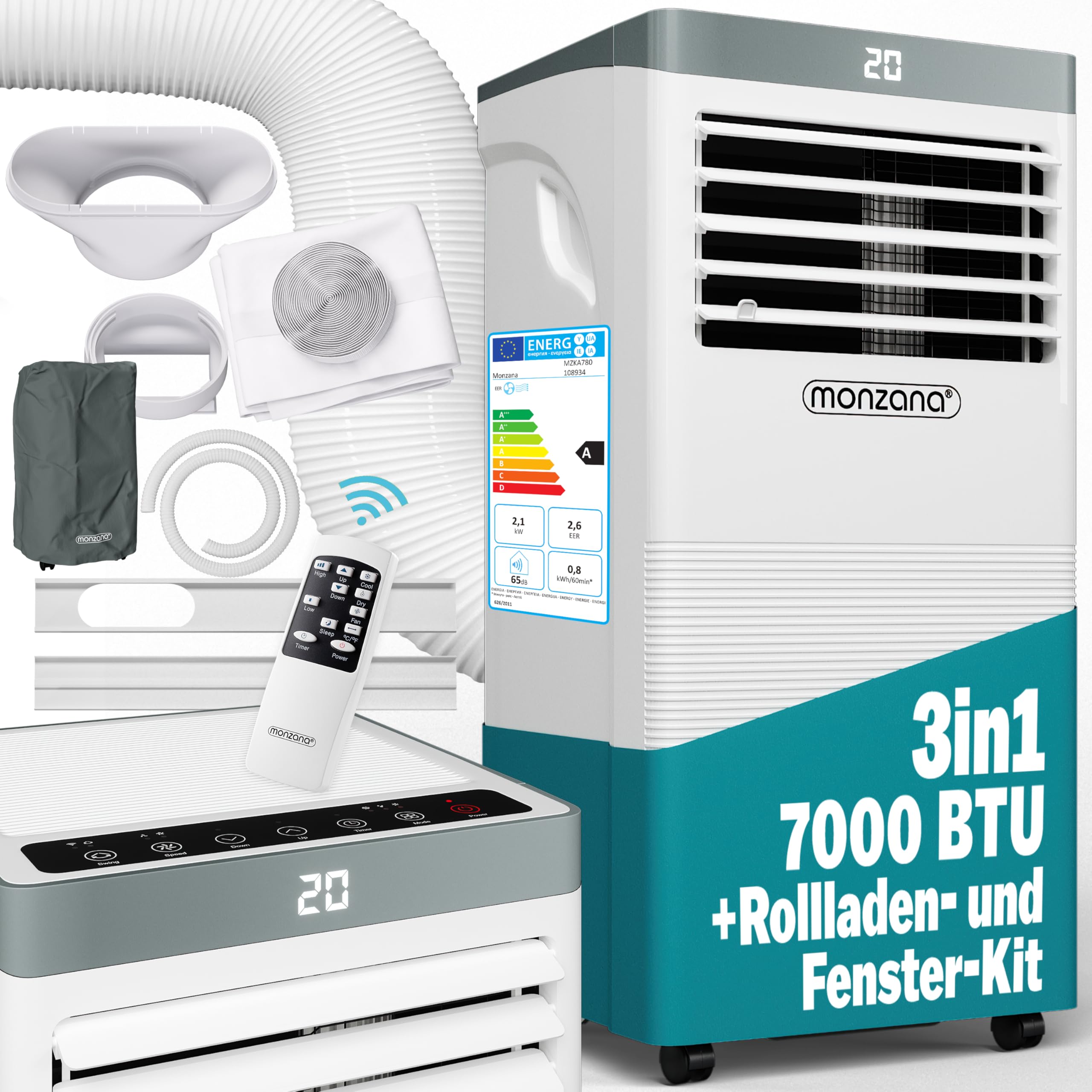 MONZANA® mobile Klimaanlage MZKA780 7000 BTU 3in1 Fernbedienung 2100W Abluftschlauch Timer Schlafmodus Klimagerät Luftentfeuchter Air Conditioner