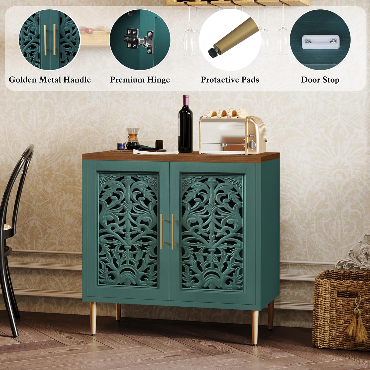 ARTPOWER Accent Cabinet with 2 Doors, Vintage Hollow Carving Buffet Cabinet, Sideboards and Buffets with Storage, Credenza for Living Room, Kitchen, Dining Room, Entryway, Hallway, Green