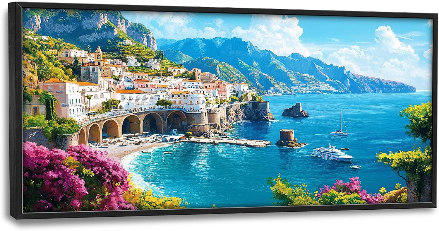 Amalfi Coast Wall Art Italy Coastal Pictures Wall Decor Large Italian Landscape Canvas Prints Framed Artwork Paintings for Living Room Dinning Room Bedroom Bathroom Office 60"x30" 60"L x 30"W Amalfi Coast