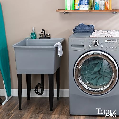 Miniatura 3 de Tehila Basics by JS Jackson Supplies - Fregadero independiente de 21 galones con grifo negro de 2 asas, bañera de plástico resistente con patas