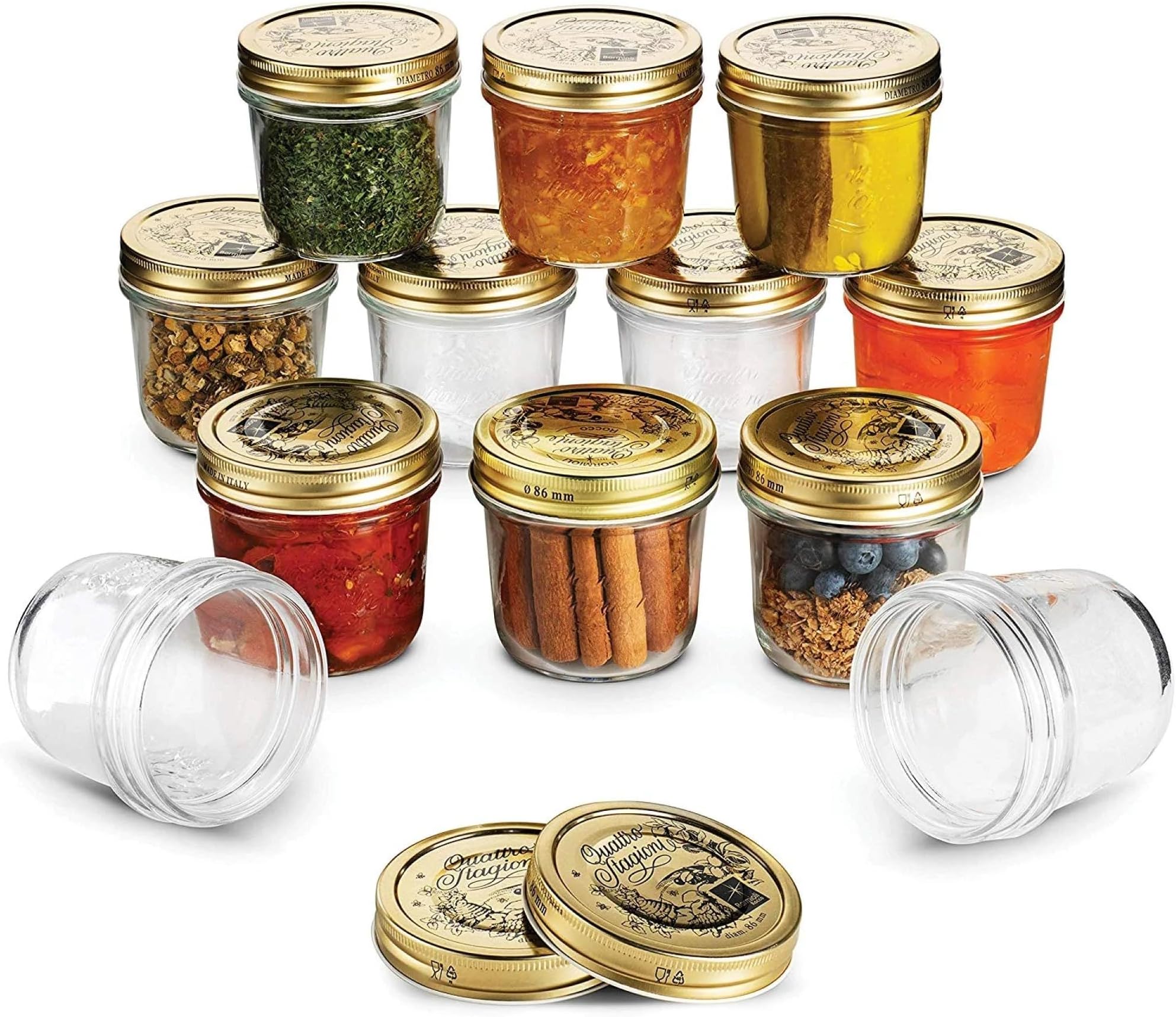 Quattro Stagioni Glass Mason Jar (Set of 12) - 6.75 Oz. Storage Containers with Airtight Metal Lids for Fermentation, Preserving, Crafting & Beverage Serving - Wide Mouth, Italian Glass