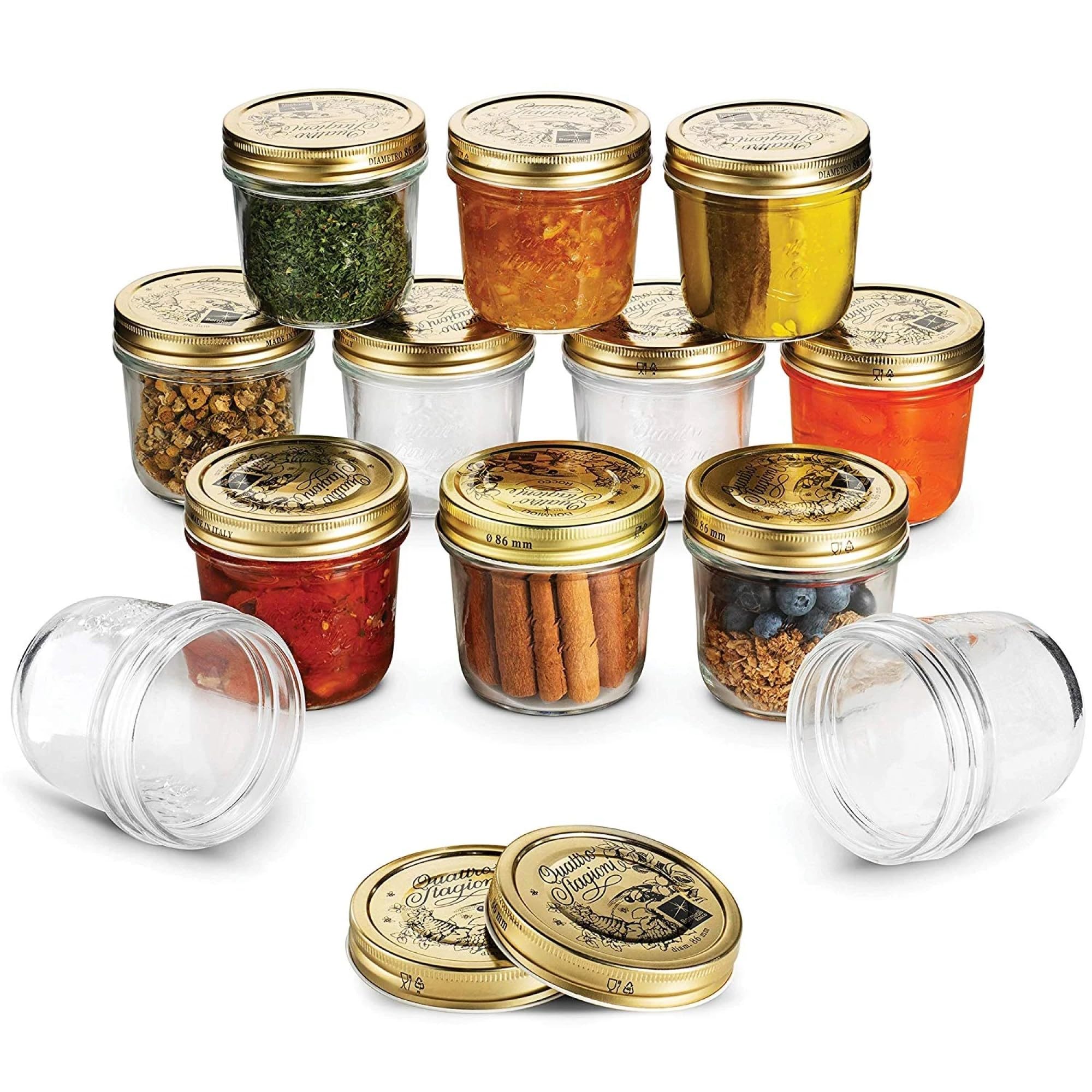 Bormioli Rocco Quattro Stagioni Glass Mason Jar (Set of 12) - 6.75 Oz. Storage Containers with Airtight Metal Lids for Fermentation, Preserving, Crafting & Beverage Serving - Wide Mouth, Italian Glass