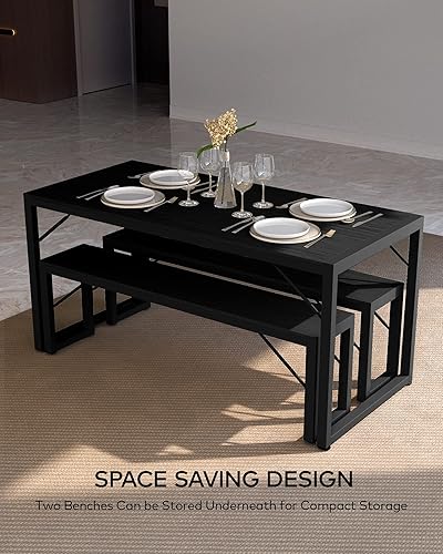 Miniatura 3 de Bealife Juego de mesa de comedor para 4 personas con marco de metal y tablero de MDF, mesa de cocina que ahorra espacio con 2 bancos, juego de mesa
