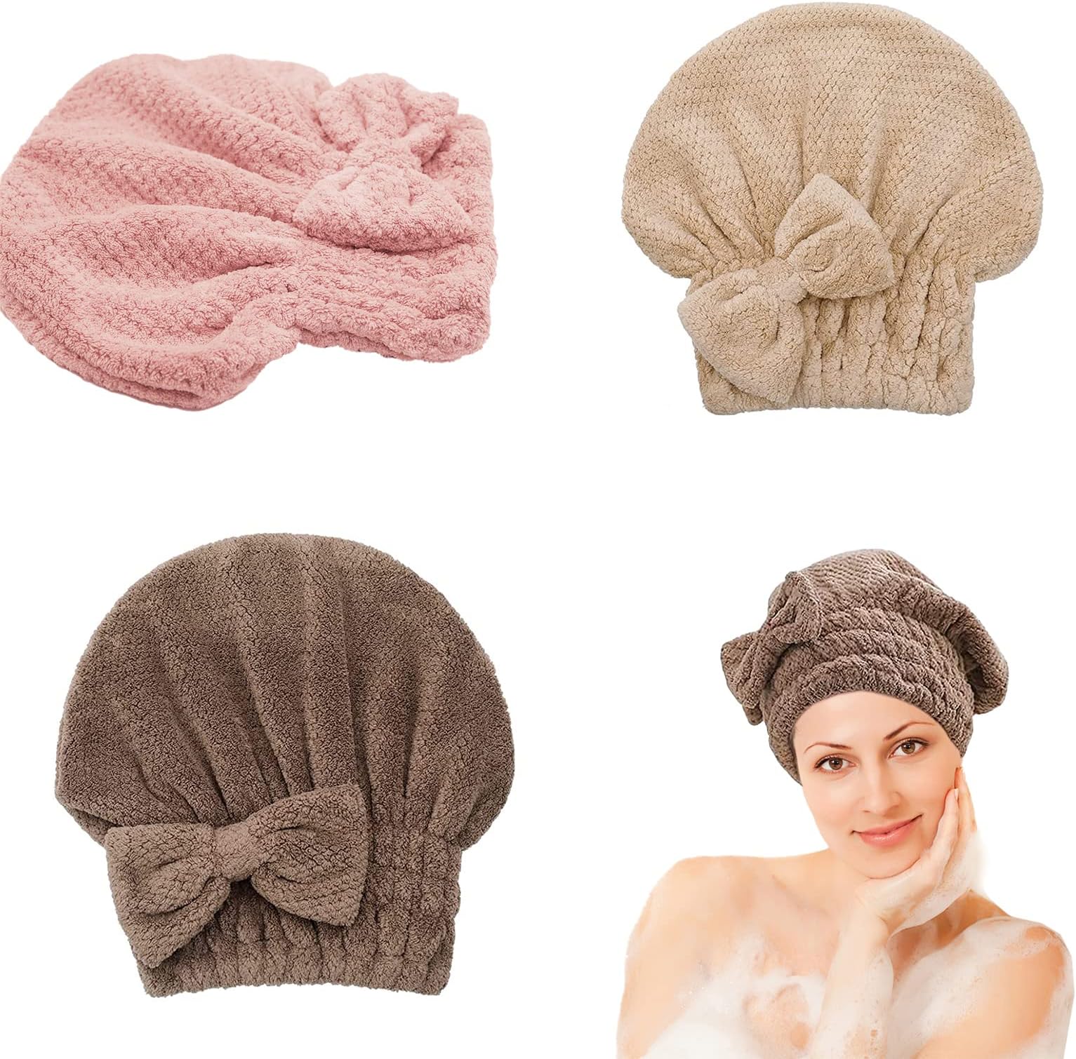 YYBtFbty Microfiber Hair Towel Caps for Women, 3 Pack Super Absorbent Hair Drying